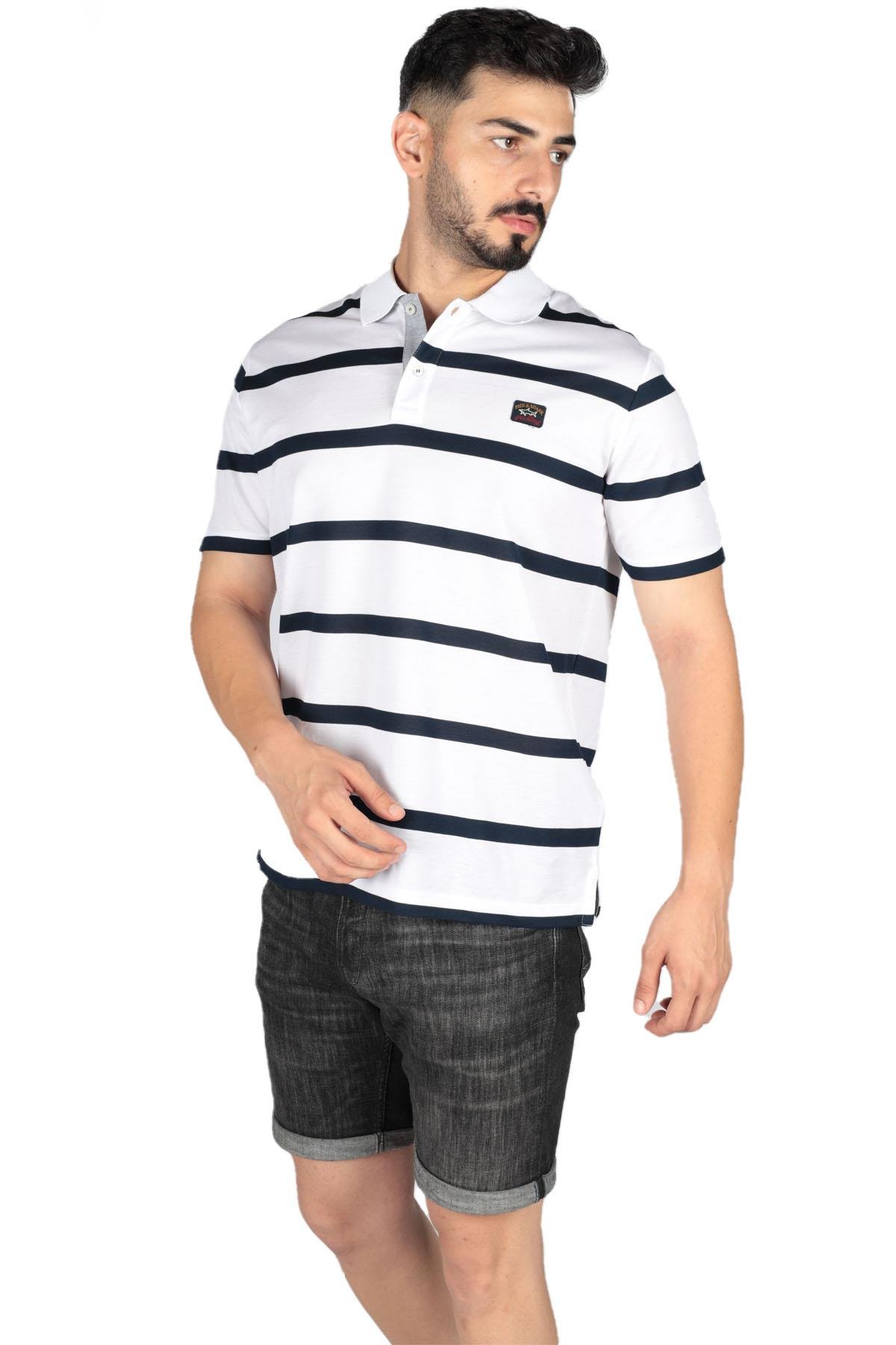Paul Shark Paul Shark Erkek Pamuklu Regular Fit Çizgili Kısa Kollu Beyaz-Siyah Polo Yaka T-Shirt 23411340-217