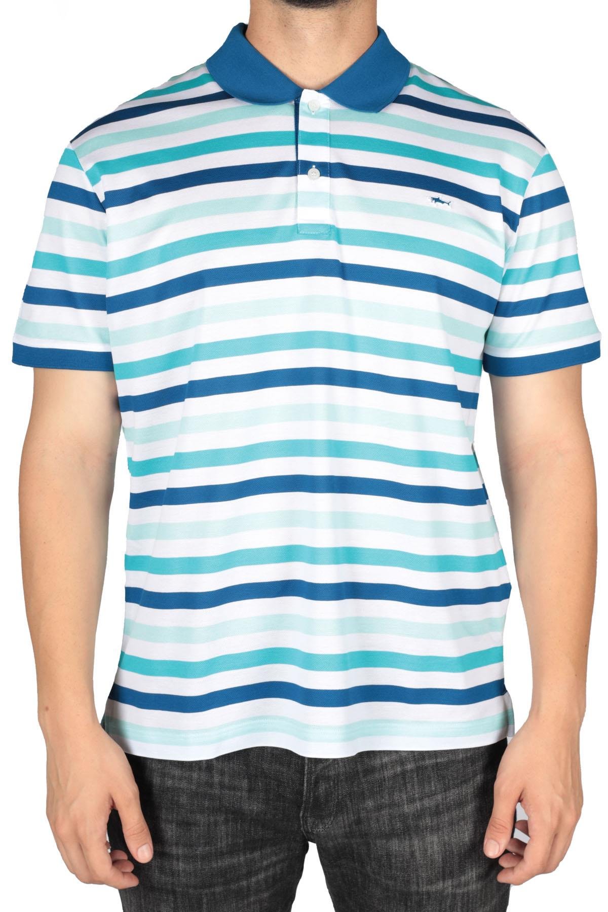 Paul Shark Paul Shark Erkek Pamuklu Regular Fit Çizgili Kısa Kollu Mavi-Beyaz Polo Yaka T-Shirt 23411342-205
