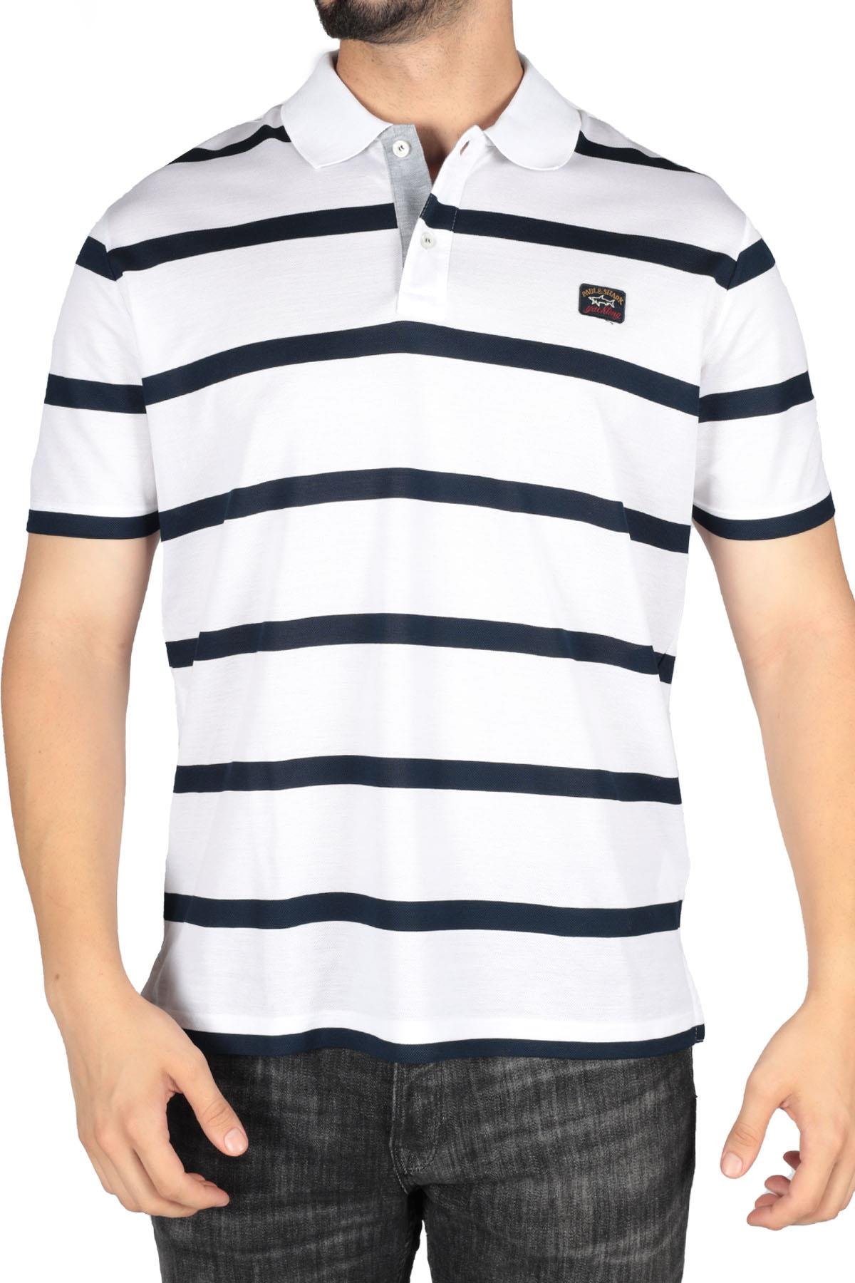 Paul Shark Paul Shark Erkek Pamuklu Regular Fit Çizgili Kısa Kollu Beyaz-Siyah Polo Yaka T-Shirt 23411340-217
