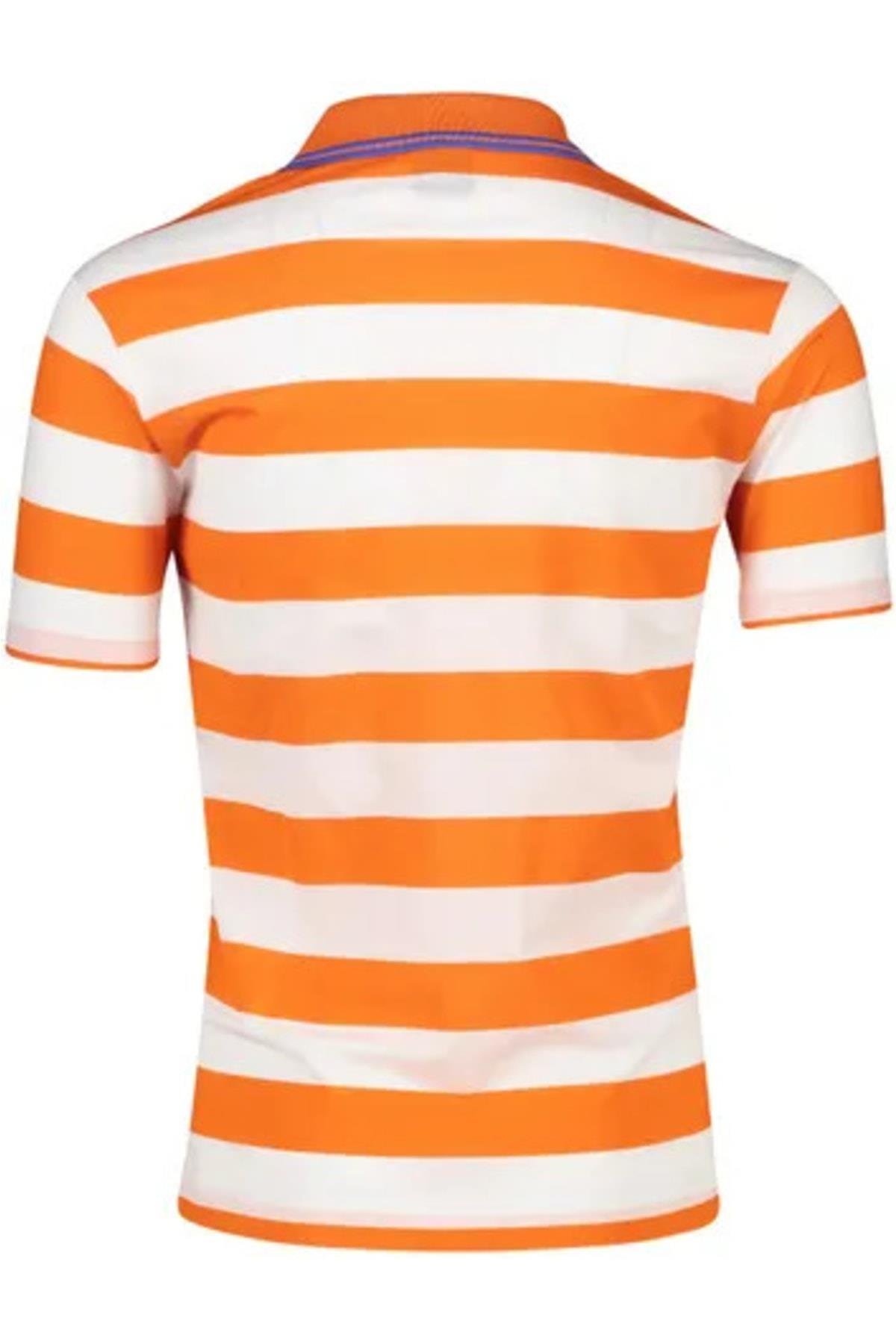 Paul Shark Paul Shark Erkek Pamuklu Regular Fit Çizgili Kısa Kollu Beyaz-Turuncu Polo Yaka T-Shirt 23411231A-146