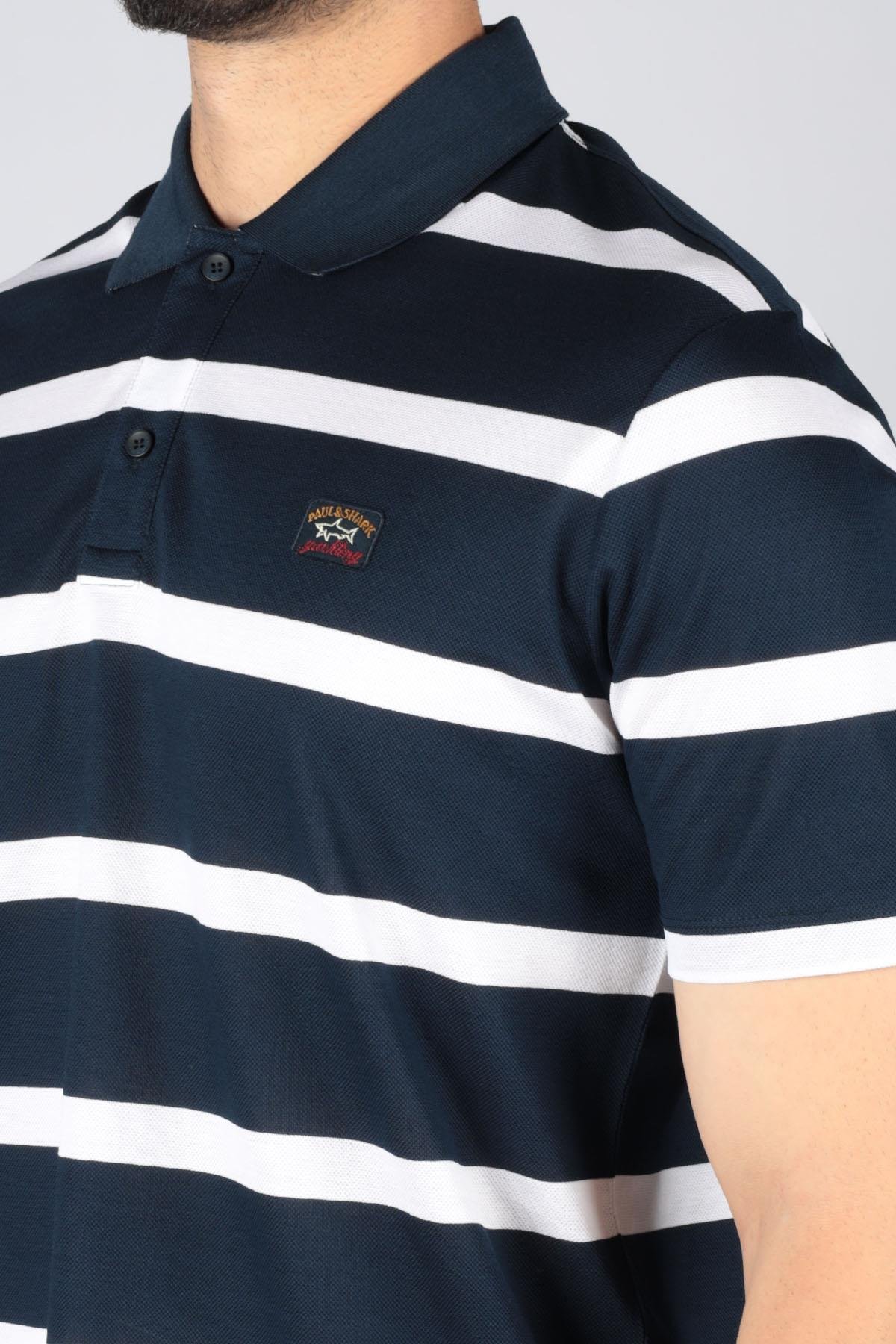 Paul Shark Paul Shark Erkek Pamuklu Regular Fit Çizgili Kısa Kollu Lacivert-Beyaz Polo Yaka T-Shirt 23411340-218