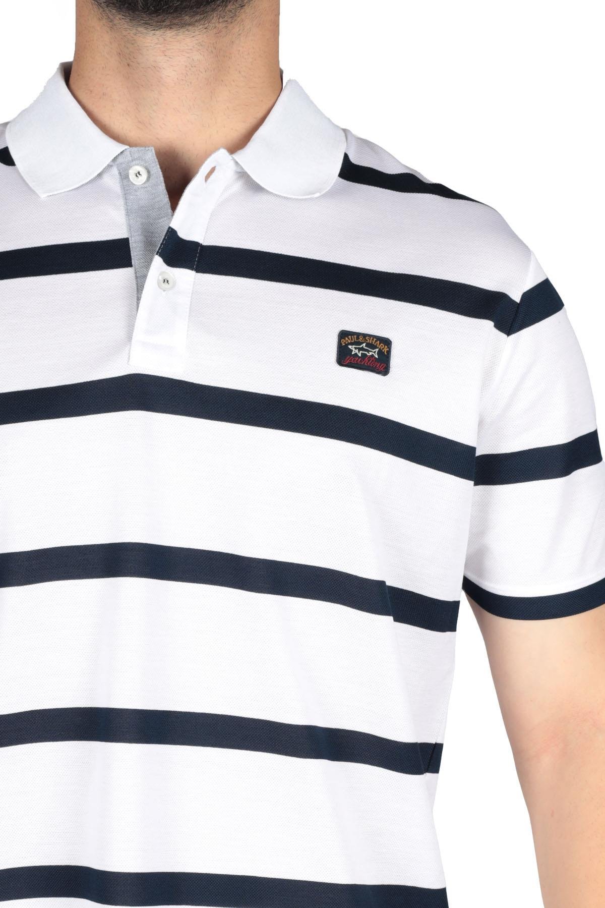Paul Shark Paul Shark Erkek Pamuklu Regular Fit Çizgili Kısa Kollu Beyaz-Siyah Polo Yaka T-Shirt 23411340-217
