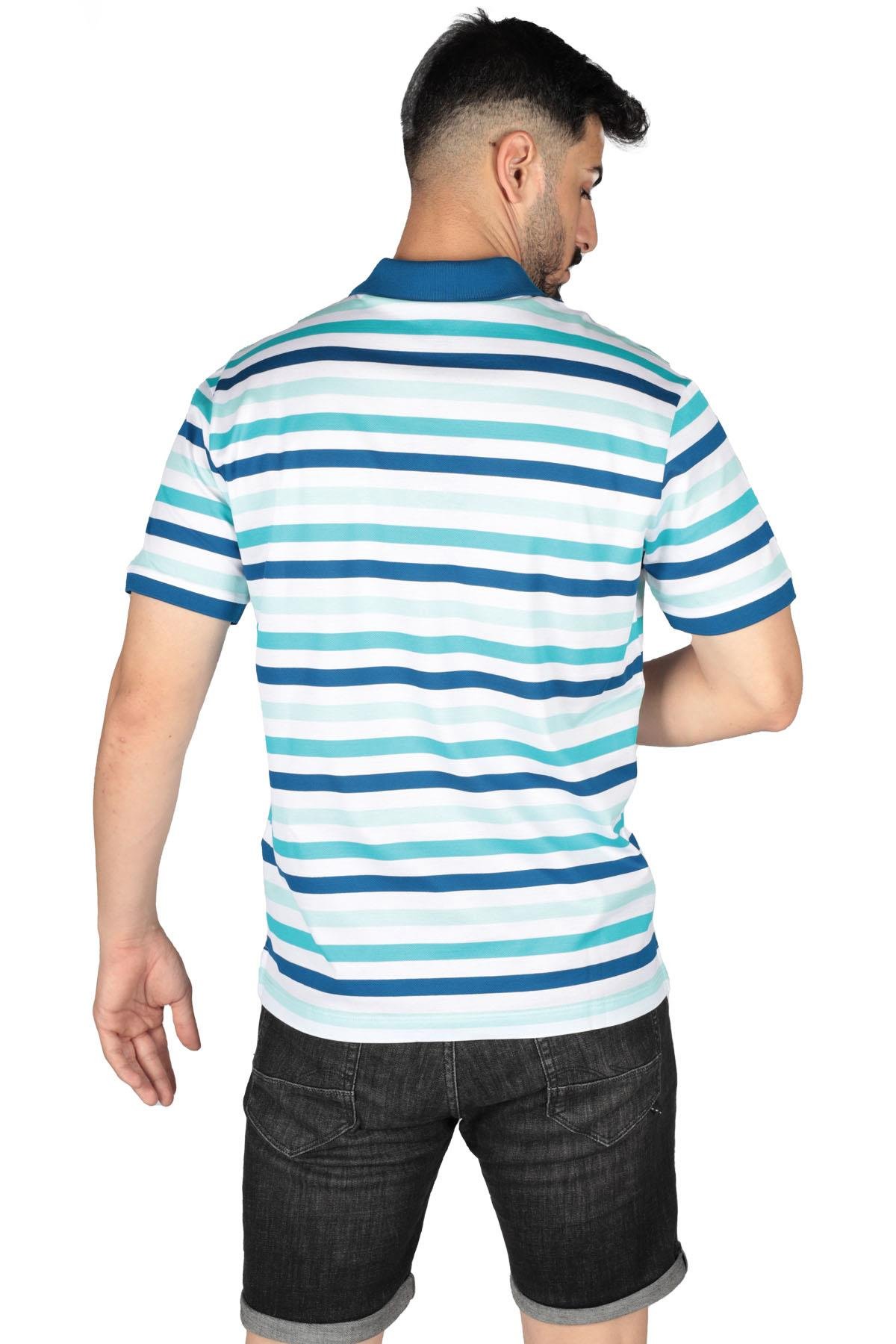 Paul Shark Paul Shark Erkek Pamuklu Regular Fit Çizgili Kısa Kollu Mavi-Beyaz Polo Yaka T-Shirt 23411342-205