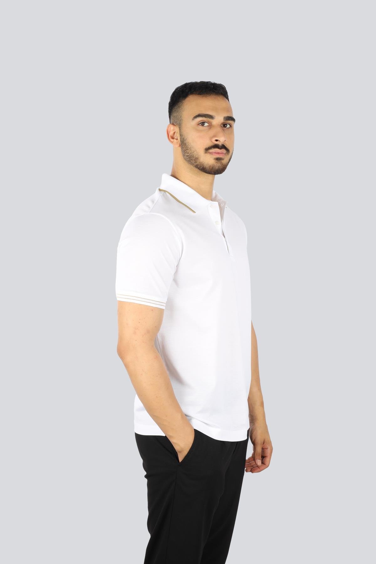 Paul Shark Paul Shark Erkek Regular Fit İnce Pike Pamuklu Kısa Kollu Beyaz-Altın Polo Yaka T-Shirt 25411236A-10E