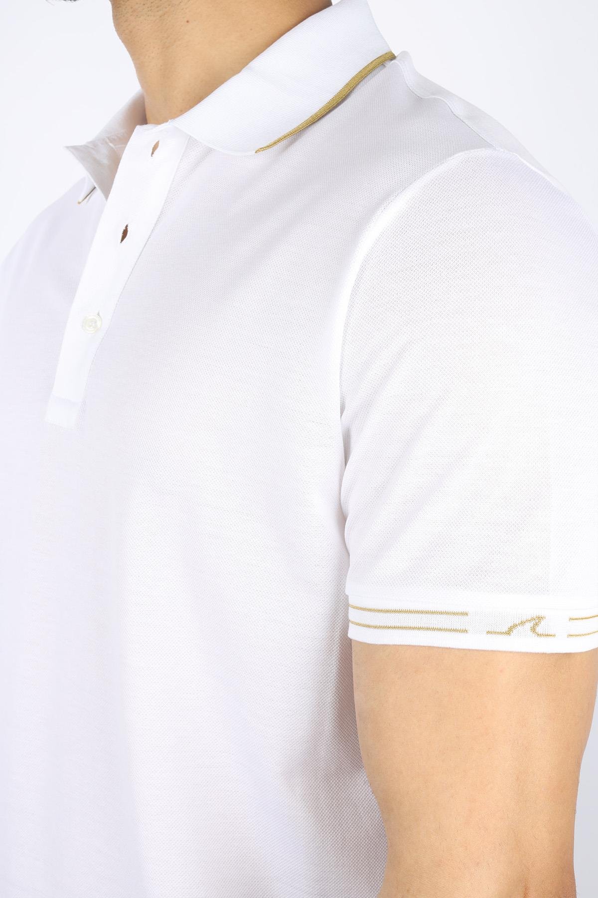 Paul Shark Paul Shark Erkek Regular Fit İnce Pike Pamuklu Kısa Kollu Beyaz-Altın Polo Yaka T-Shirt 25411236A-10E