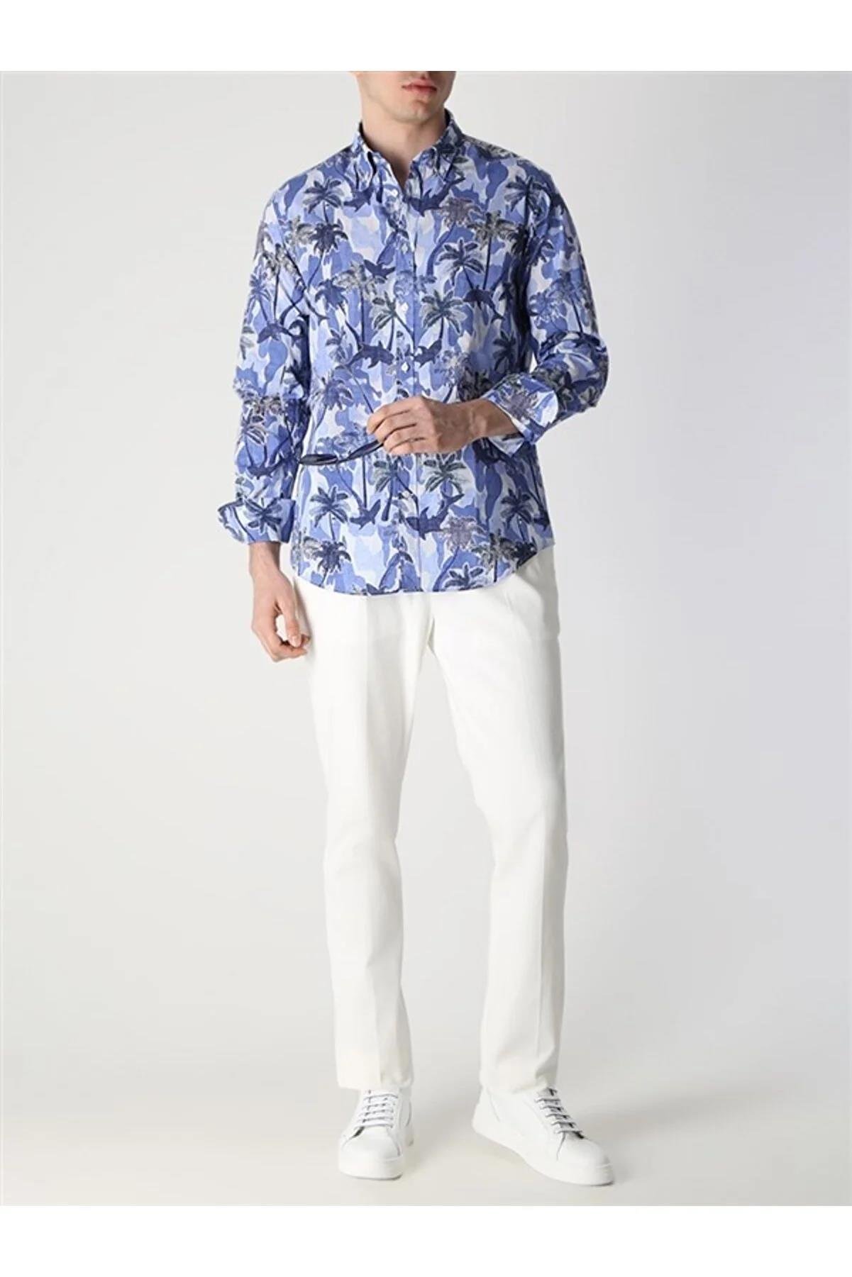 Paul Shark Paul Shark Erkek Regular Fit Desenli Uzun Kol Mavi Gömlek 23413274J-101