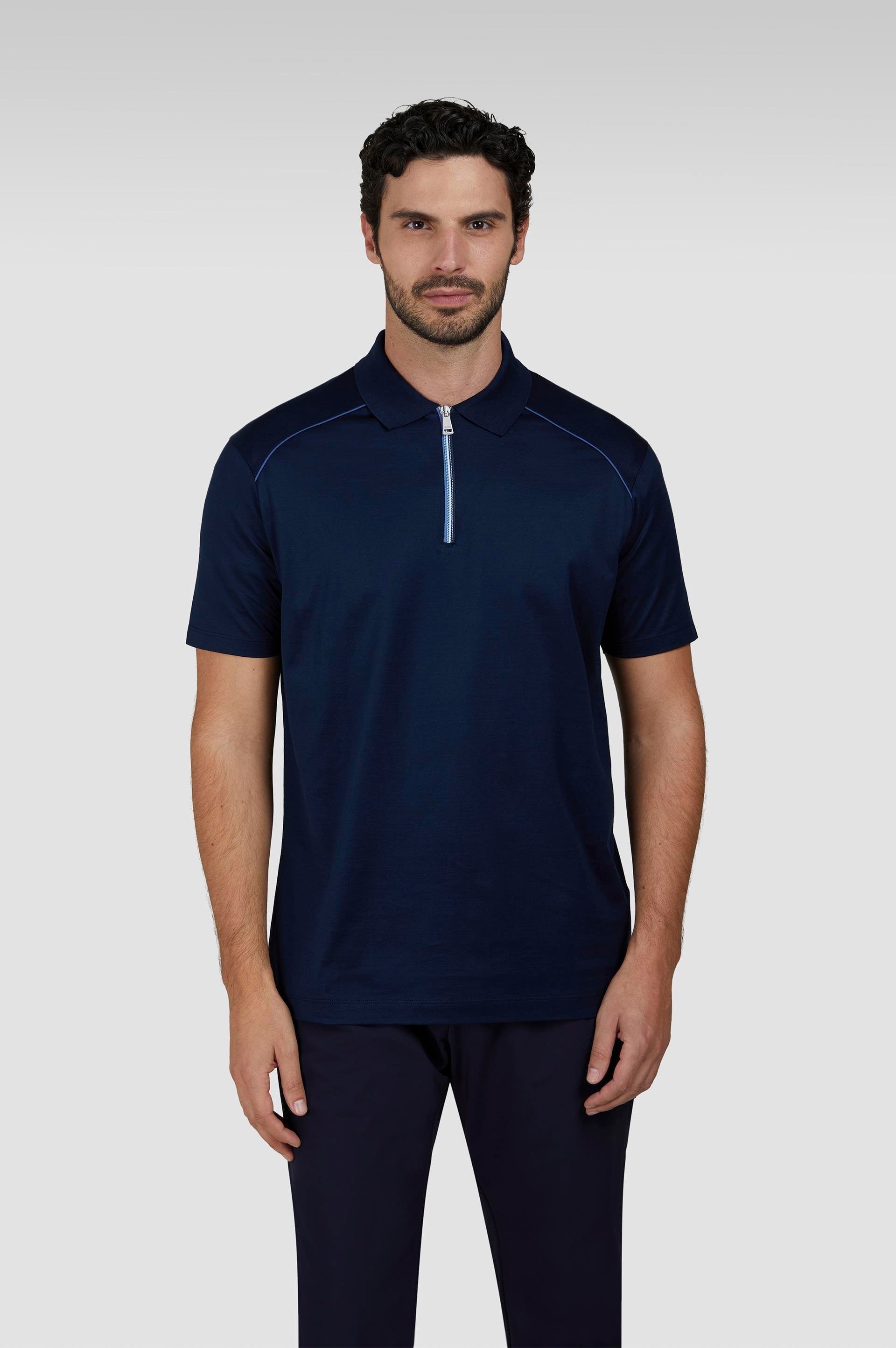 Paul Shark Paul Shark Erkek Regular Fit %100 Pamuklu Kısa Kollu Yarım Fermuarlı Lacivert Polo Yaka T-Shirt 25411320-013