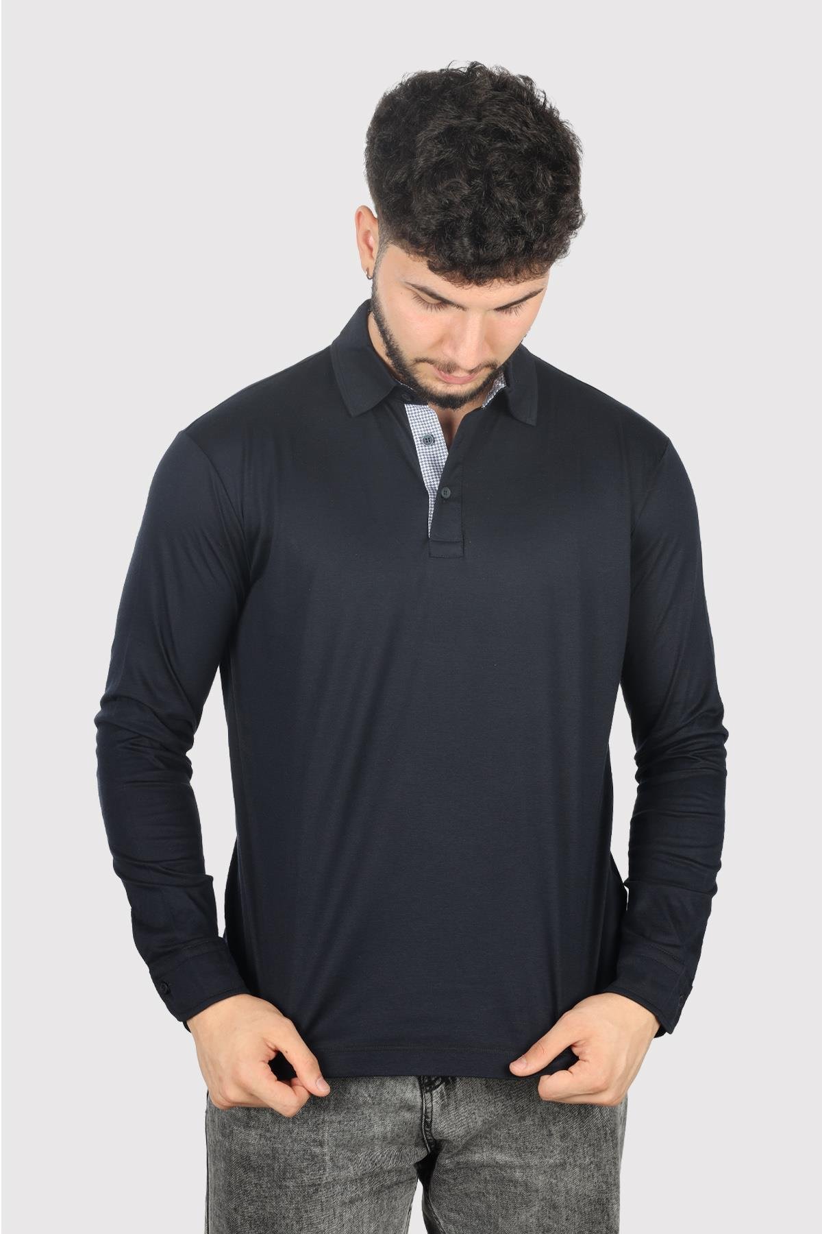 Paul Shark Paul Shark Erkek Uzun Kollu Düğme Kapamalı Polo Yaka Lacivert Polo Yaka T-Shirt 14311744-050