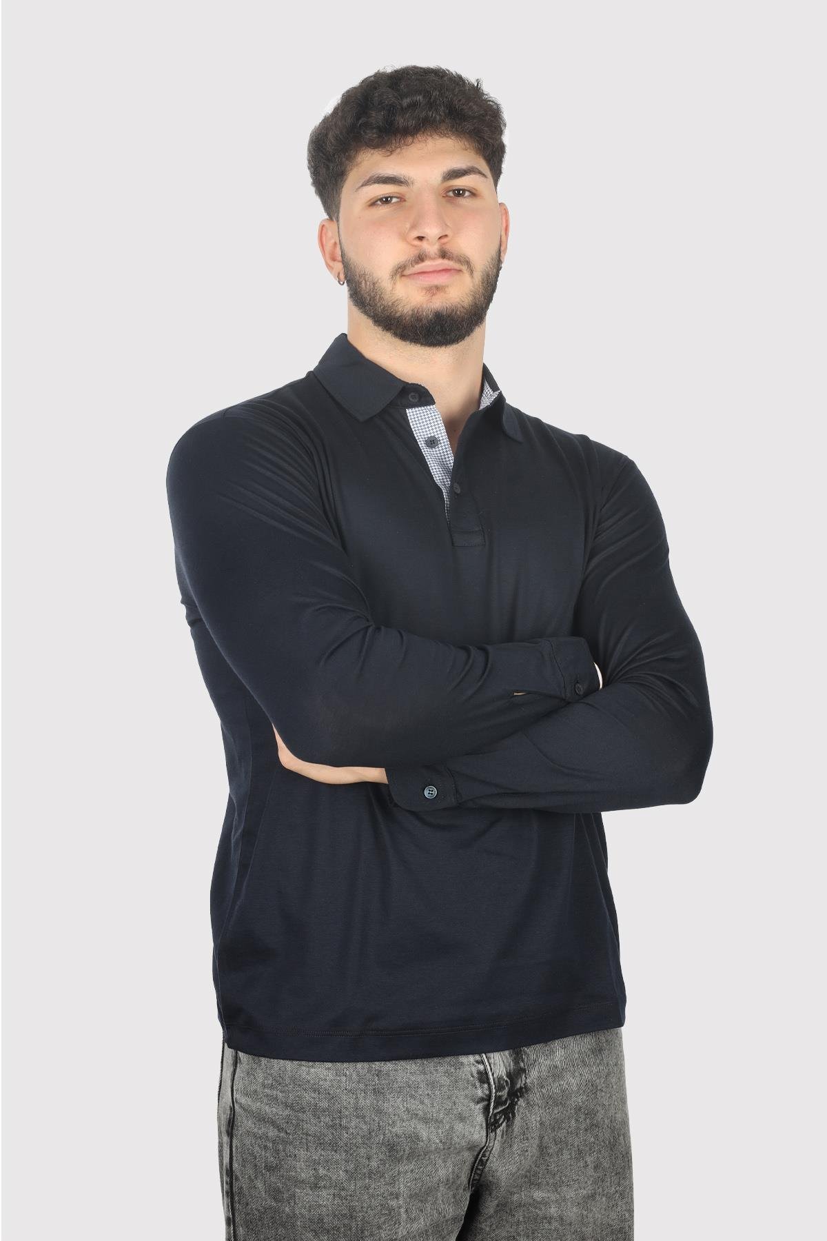 Paul Shark Paul Shark Erkek Uzun Kollu Düğme Kapamalı Polo Yaka Lacivert Polo Yaka T-Shirt 14311744-050