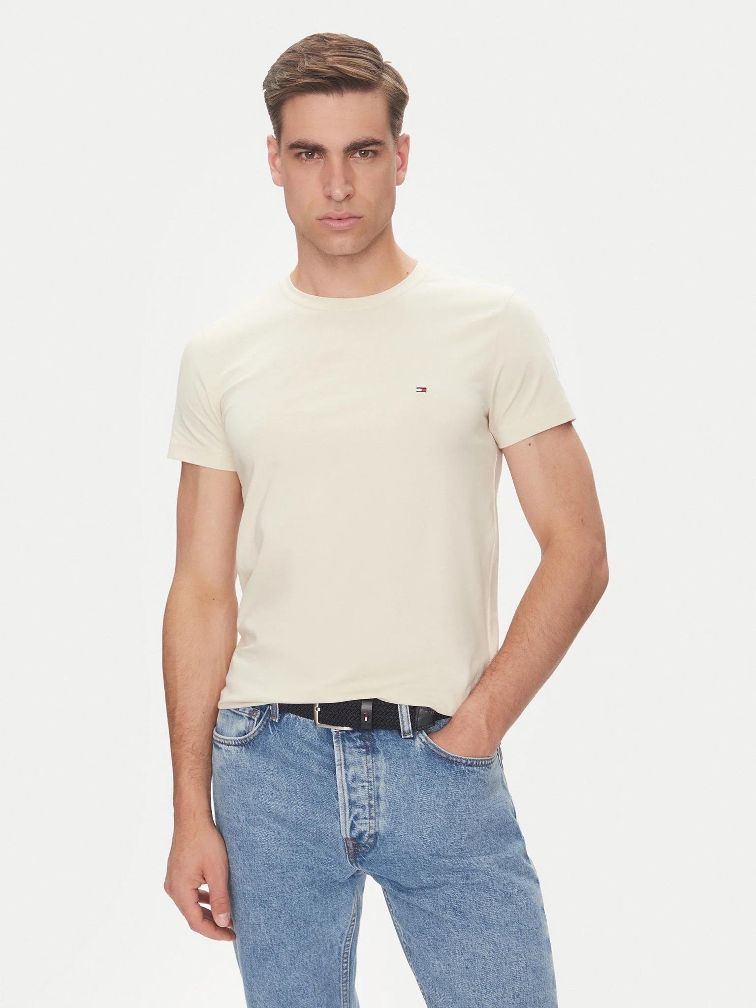 TOMMY HILFIGER Tommy Hilfiger Erkek Dokuma Kumaş Kısa Kol Düz Model Bej T-Shirt MW0MW10800-ACG