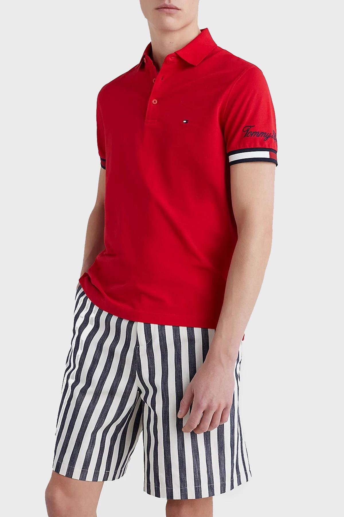 Tommy Hilfiger Tommy Hilfiger Erkek Dokuma Polo Yaka Kısa Kol Günlük Kırmızı Polo Yaka T-Shirt MW0MW30764-XLG