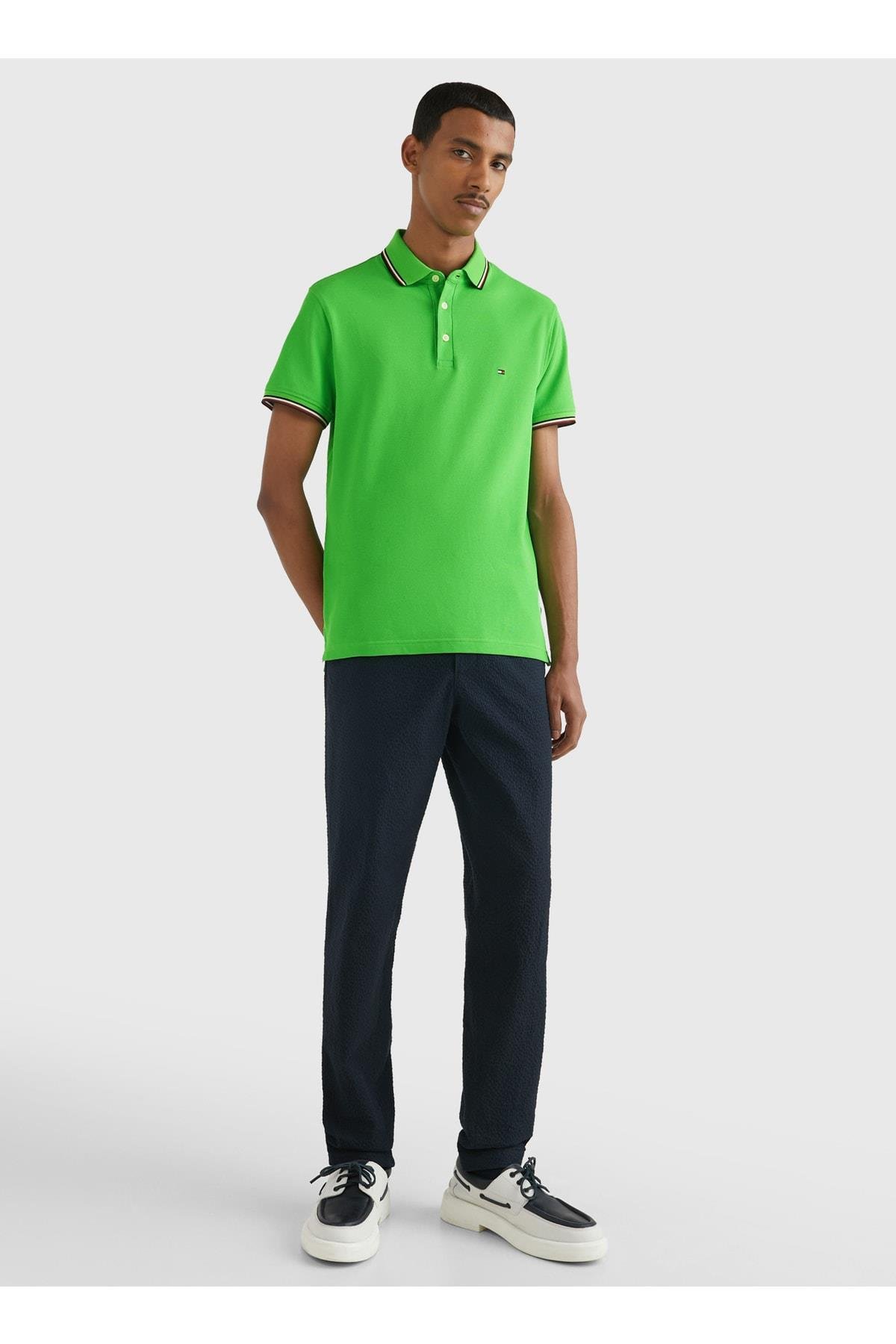 Tommy Hilfiger Tommy Hilfiger Erkek Dokuma Polo Yaka Kısa Kol Günlük Yeşil Polo Yaka T-Shirt MW0MW30750-LWY
