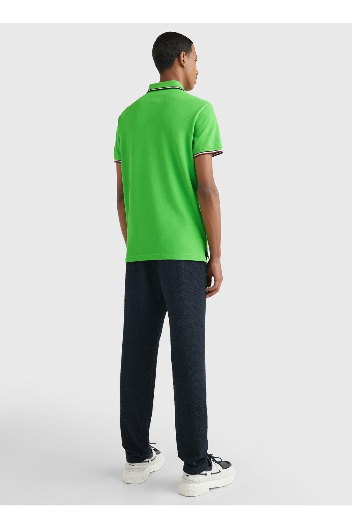 Tommy Hilfiger Tommy Hilfiger Erkek Dokuma Polo Yaka Kısa Kol Günlük Yeşil Polo Yaka T-Shirt MW0MW30750-LWY