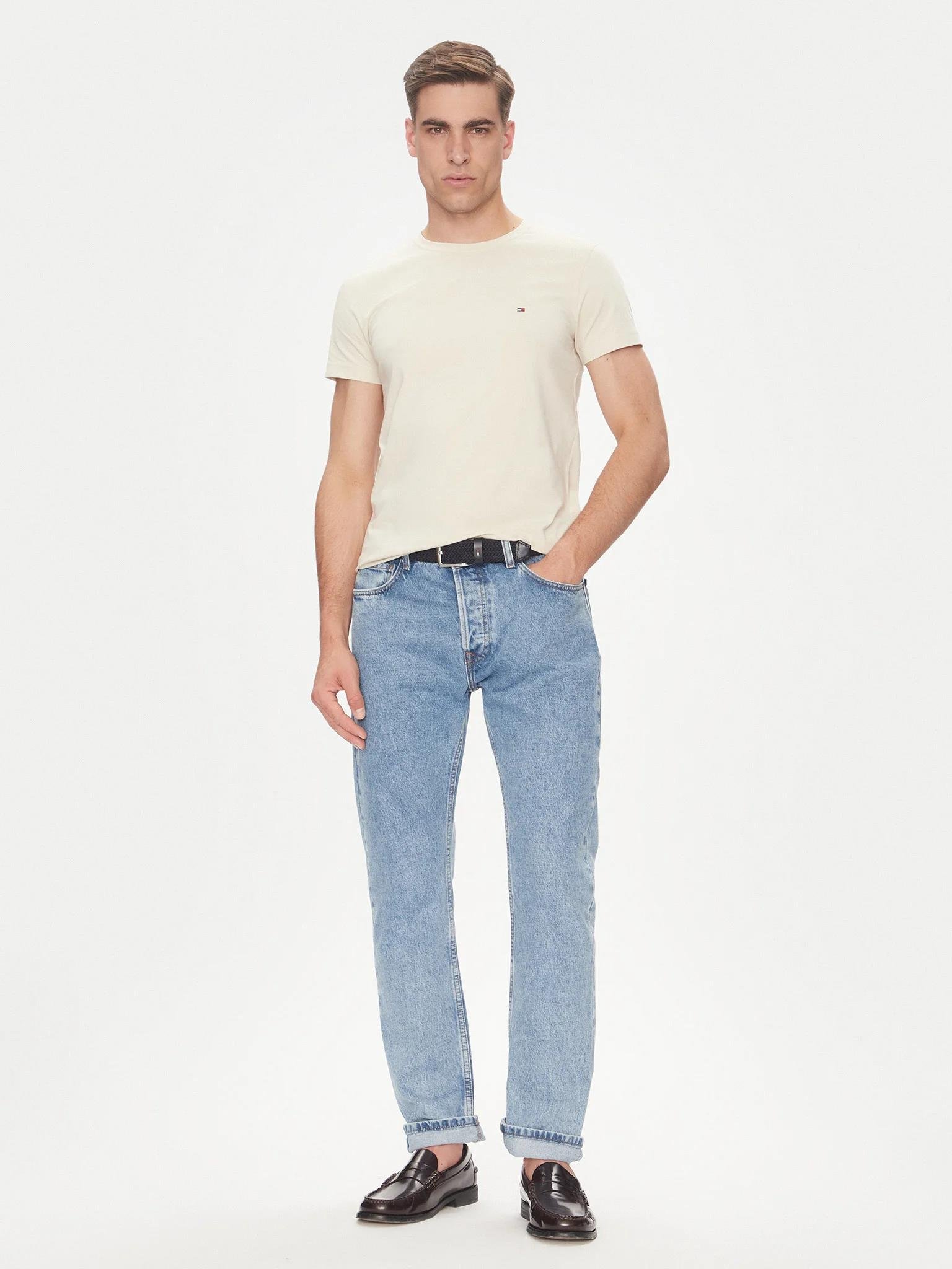 TOMMY HILFIGER Tommy Hilfiger Erkek Dokuma Kumaş Kısa Kol Düz Model Bej T-Shirt MW0MW10800-ACG