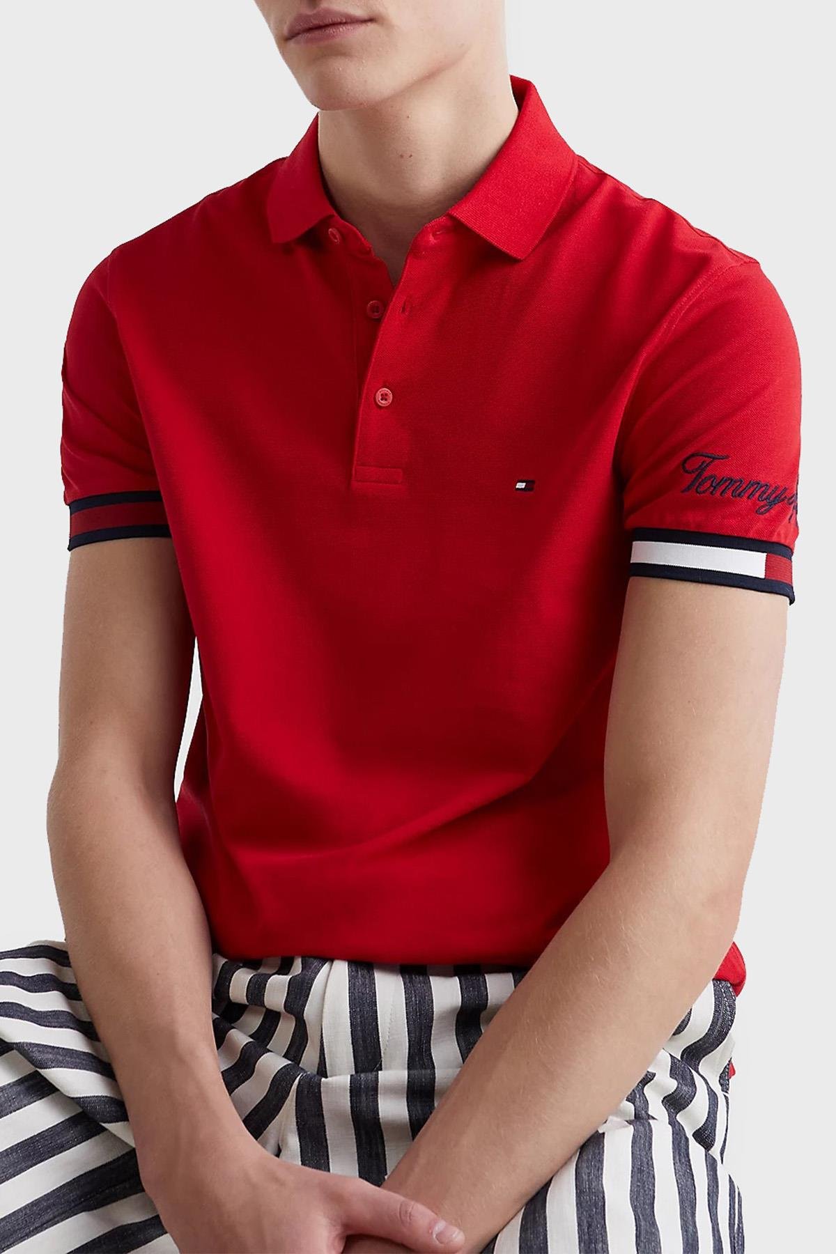Tommy Hilfiger Tommy Hilfiger Erkek Dokuma Polo Yaka Kısa Kol Günlük Kırmızı Polo Yaka T-Shirt MW0MW30764-XLG