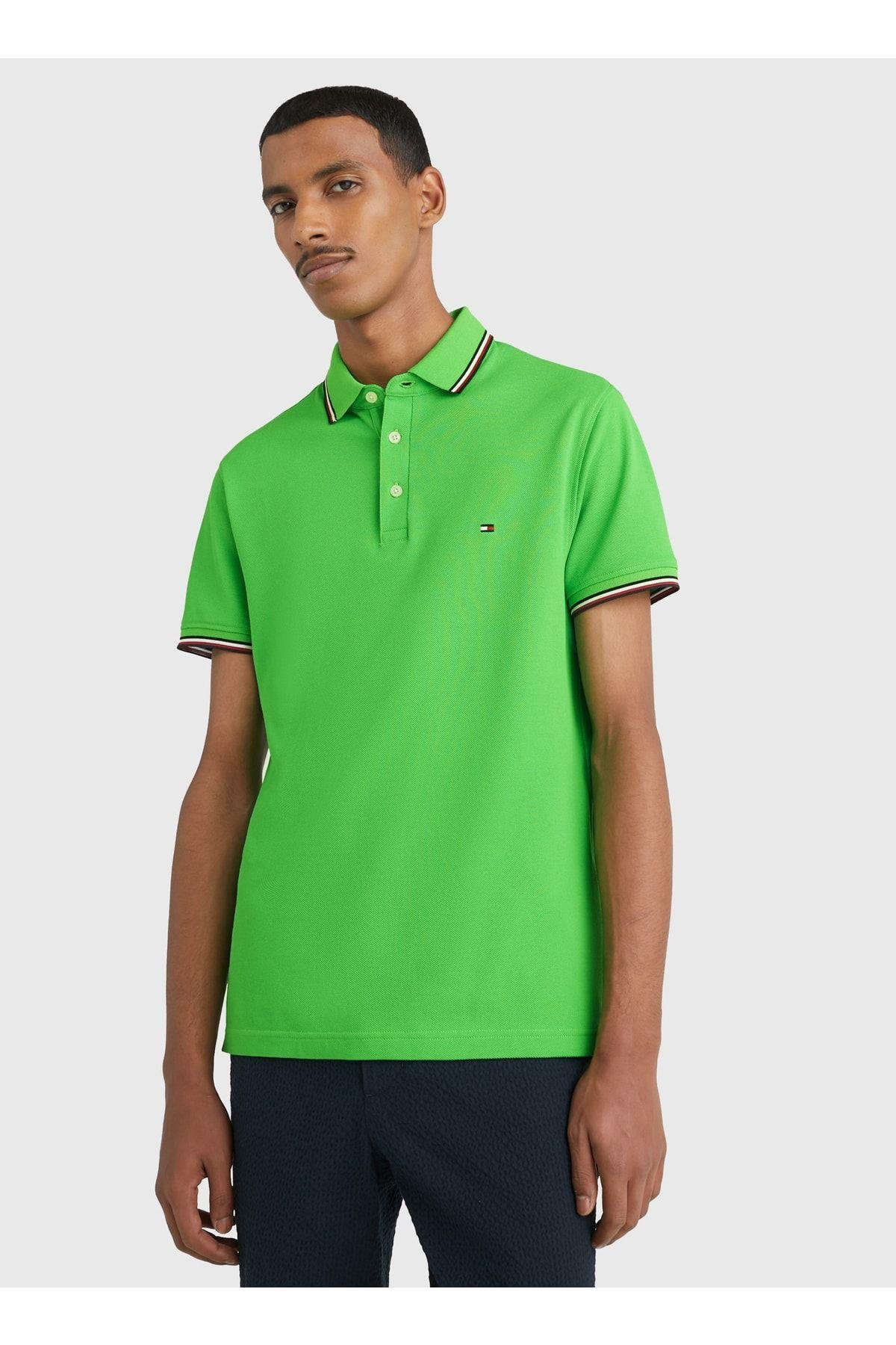 Tommy Hilfiger Tommy Hilfiger Erkek Dokuma Polo Yaka Kısa Kol Günlük Yeşil Polo Yaka T-Shirt MW0MW30750-LWY