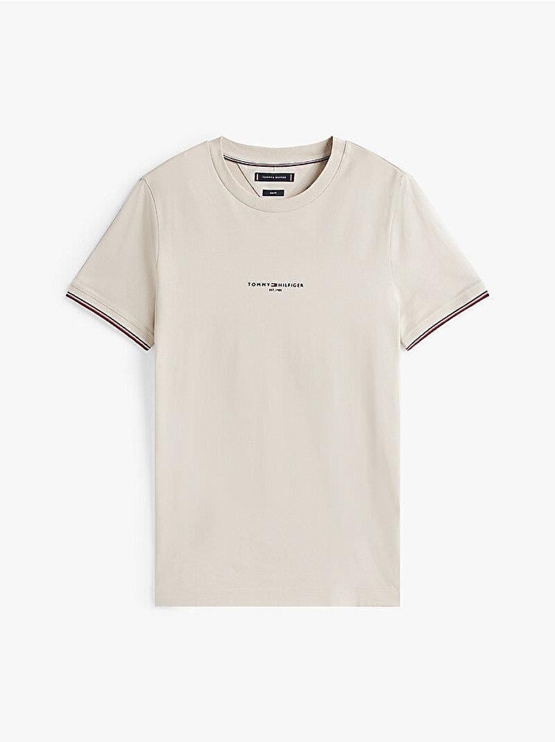 TOMMY HILFIGER Tommy Hilfiger Erkek Dokuma Kumaş Kısa Kol Düz Model Bej T-Shirt MW0MW32584-ACG