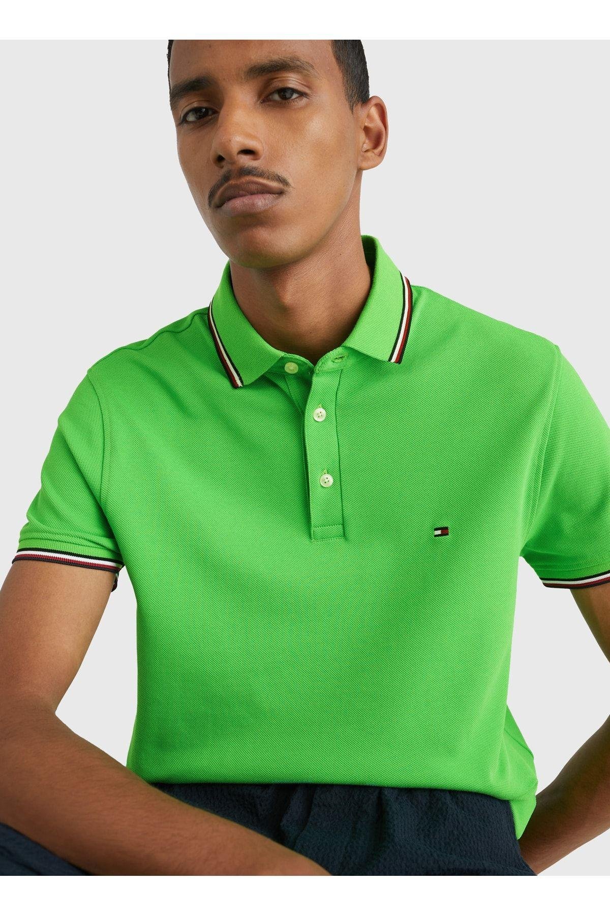 Tommy Hilfiger Tommy Hilfiger Erkek Dokuma Polo Yaka Kısa Kol Günlük Yeşil Polo Yaka T-Shirt MW0MW30750-LWY