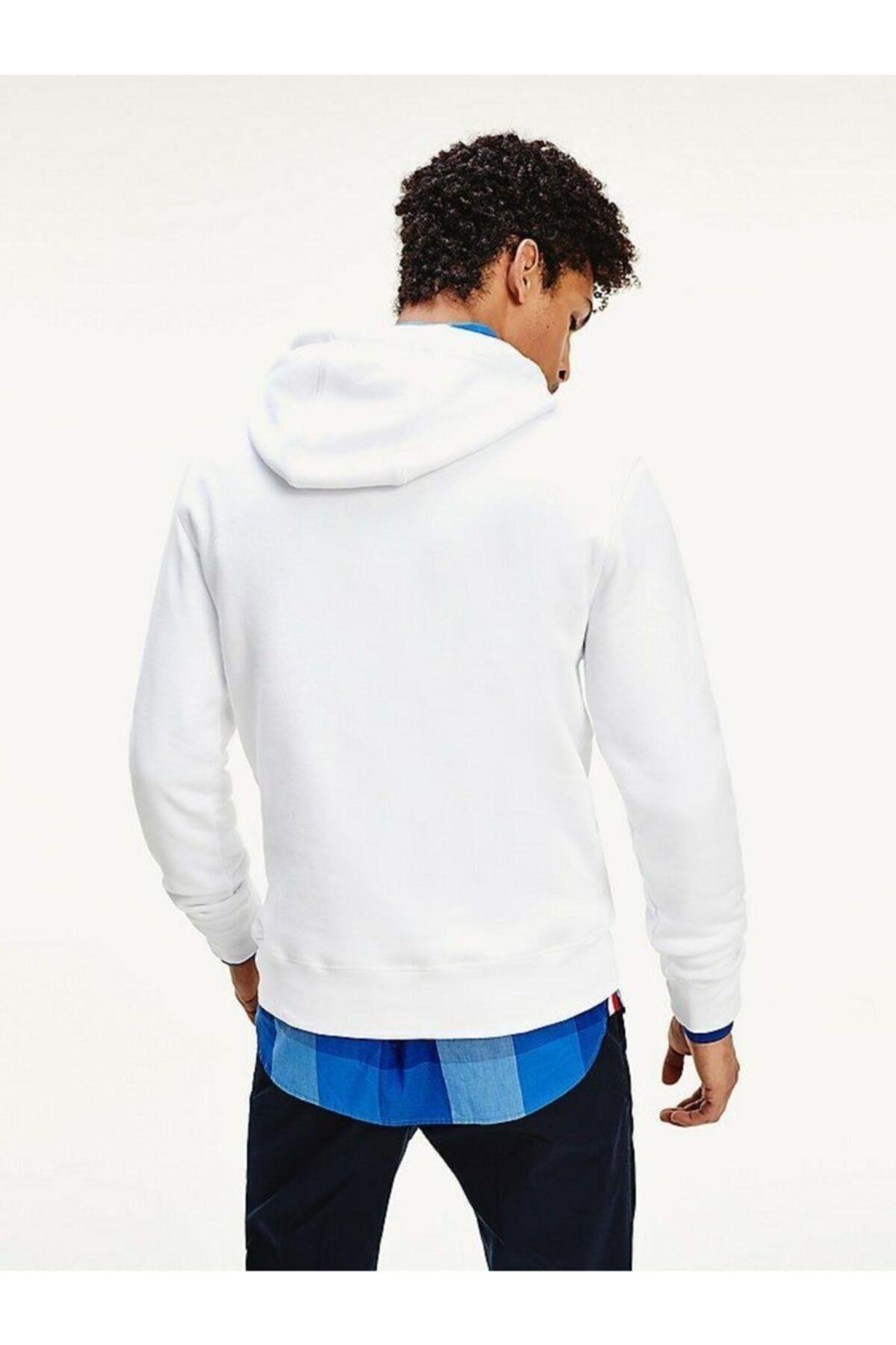 Tommy Hilfiger Tommy Hilfiger Erkek Logolu Kapüşonlu Uzun Kollu Günlük Kullanım Beyaz Sweatshirt MW0MW11599-YBR