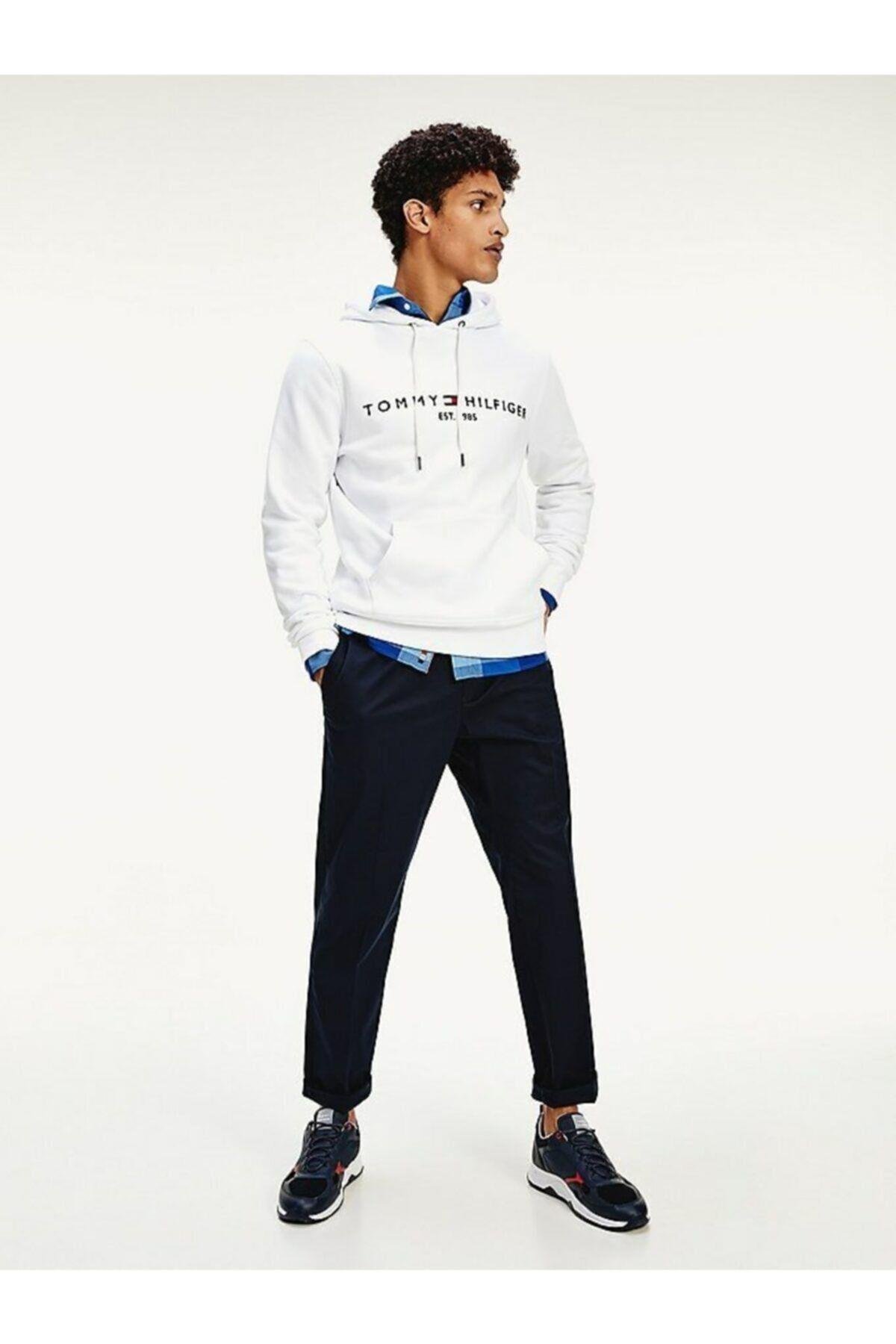 Tommy Hilfiger Tommy Hilfiger Erkek Logolu Kapüşonlu Uzun Kollu Günlük Kullanım Beyaz Sweatshirt MW0MW11599-YBR