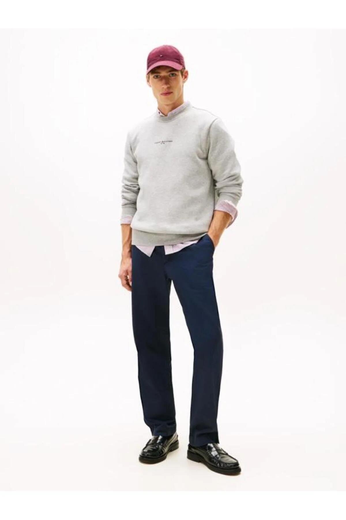 Tommy Hilfiger Tommy Hilfiger Erkek Marka Logolu Uzun Kollu Rahat Gri Sweatshirt MW0MW33639-P01