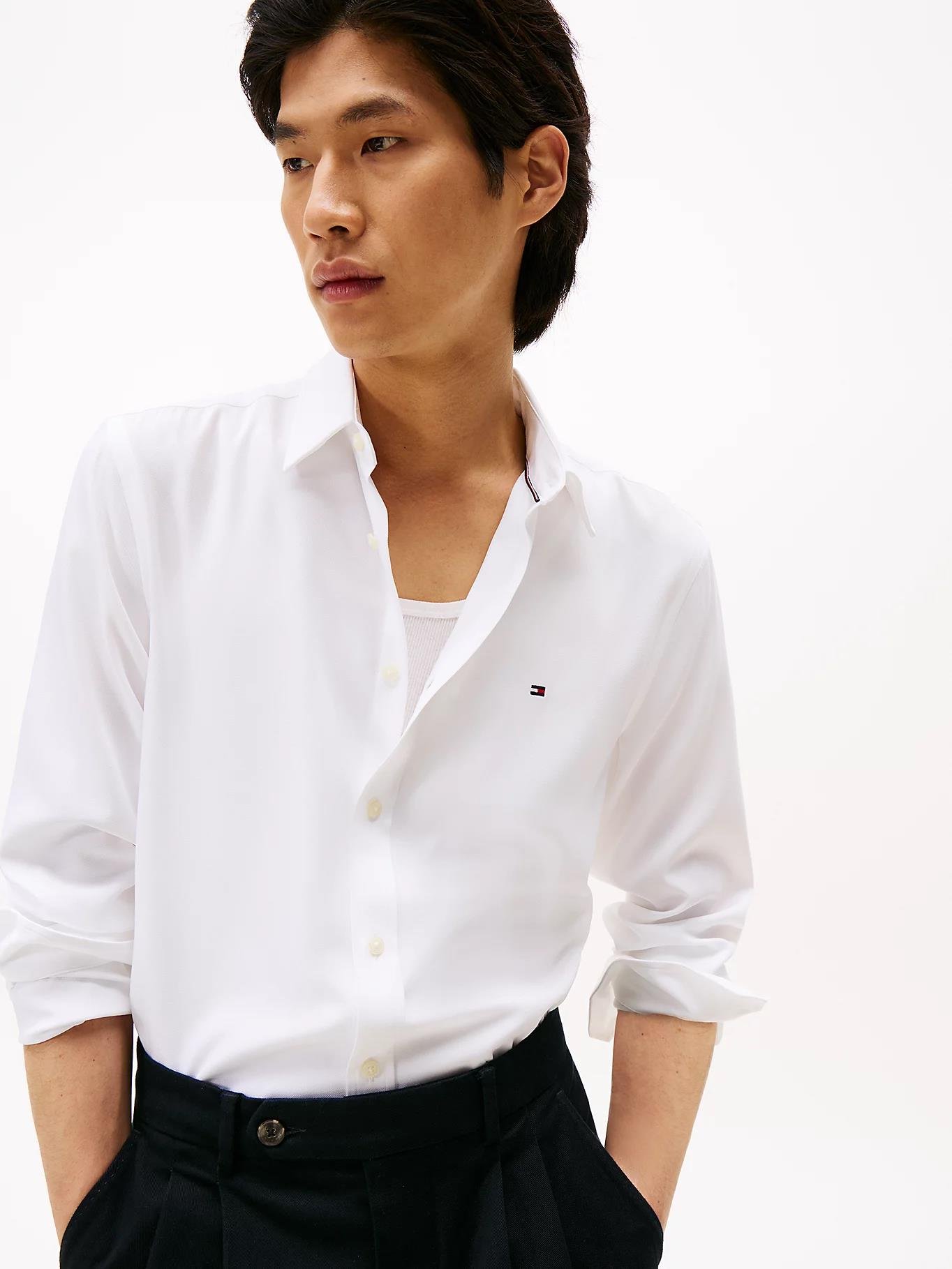 Tommy Hilfiger Tommy Hilfiger Erkek Slim Fit Nem Kontrol Özellikli Oxford Pike Dokuma Kumaş Uzun Kollu Beyaz Gömlek MW0MW40516-YBR