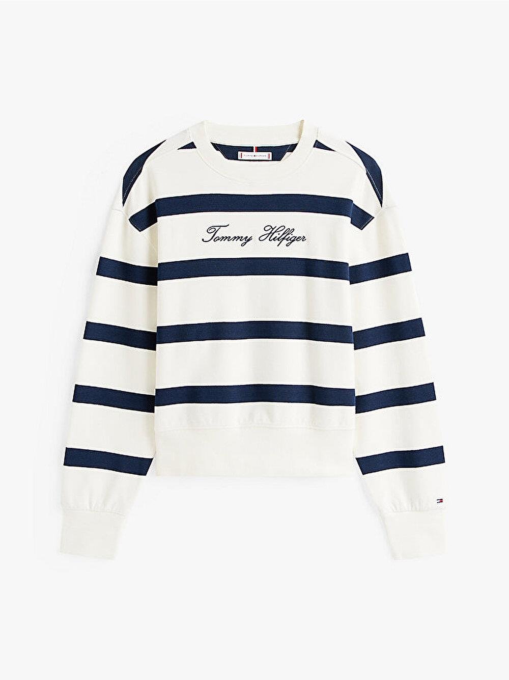 TOMMY HILFIGER Tommy Hilfiger Kadın Bisiklet Yaka Çizgili Uzun Kol Pamuklu Beyaz Sweatshirt WW0WW45743-0FG