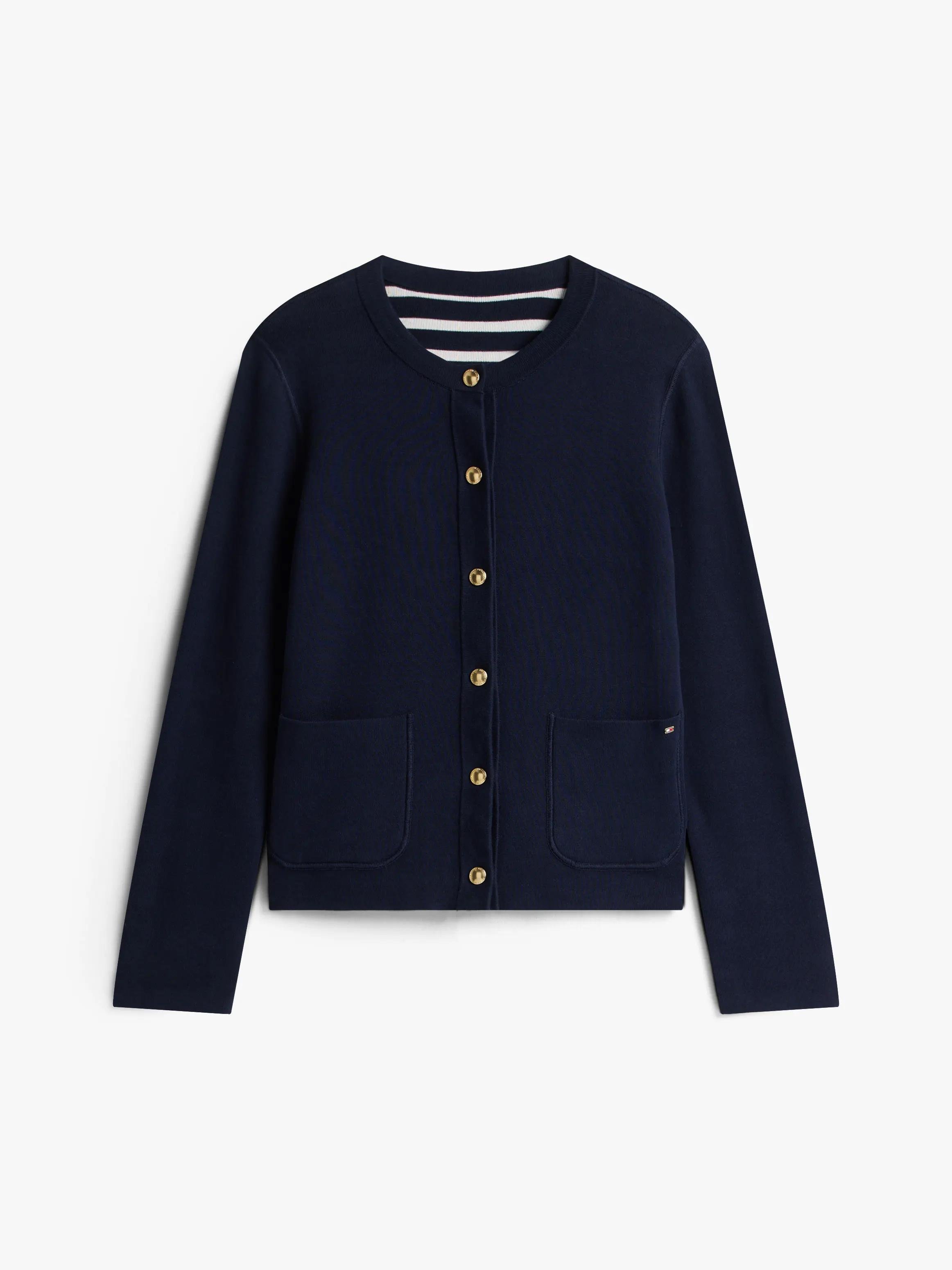 Tommy Hilfiger Tommy Hilfiger Kadın Çift Taraflı Organik Pamuklu Cep Detaylı Gold Düğmeli Uzun Kollu Mavi Kazak WW0WW40846-0X4