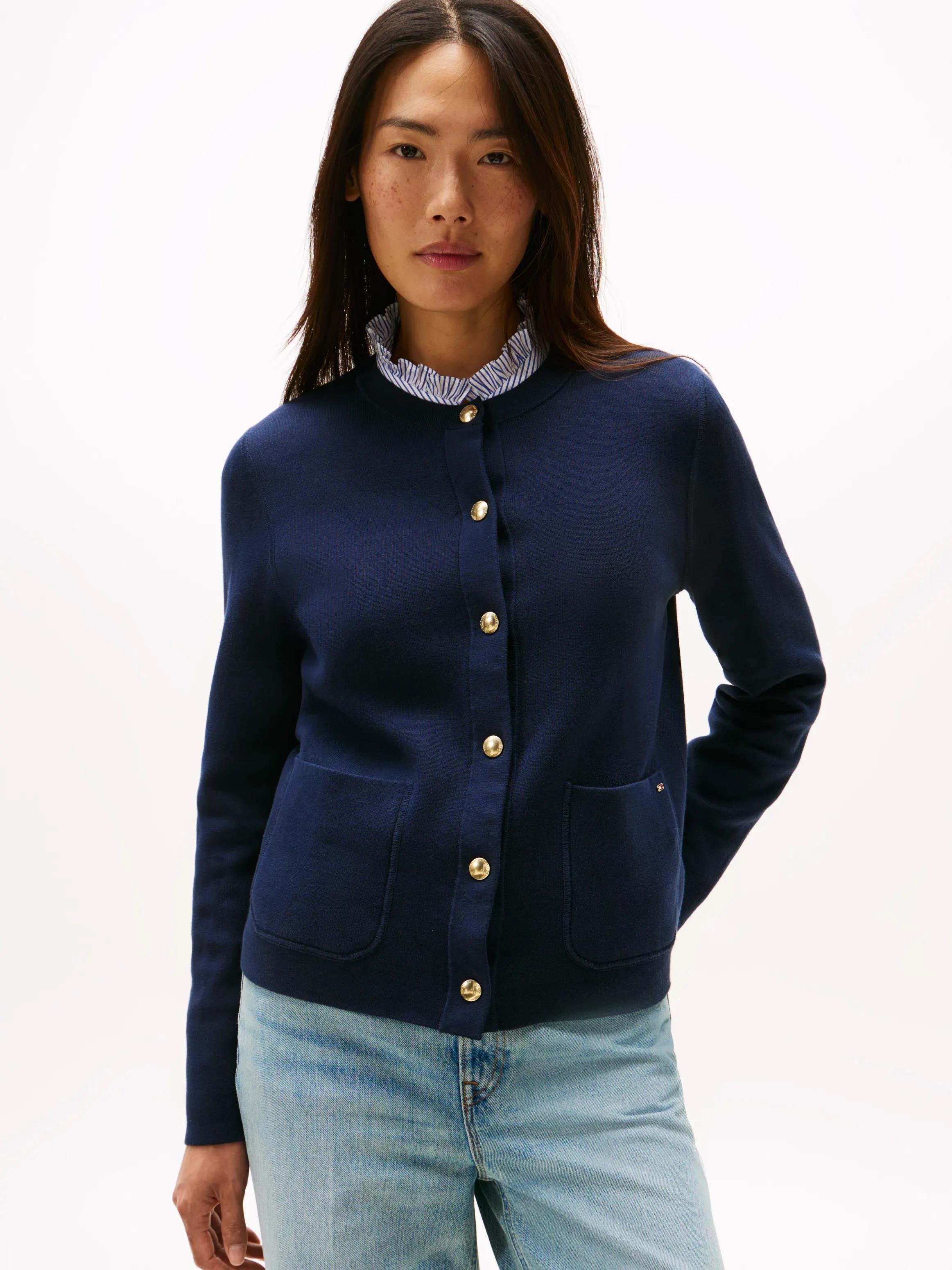 Tommy Hilfiger Tommy Hilfiger Kadın Çift Taraflı Organik Pamuklu Cep Detaylı Gold Düğmeli Uzun Kollu Mavi Kazak WW0WW40846-0X4