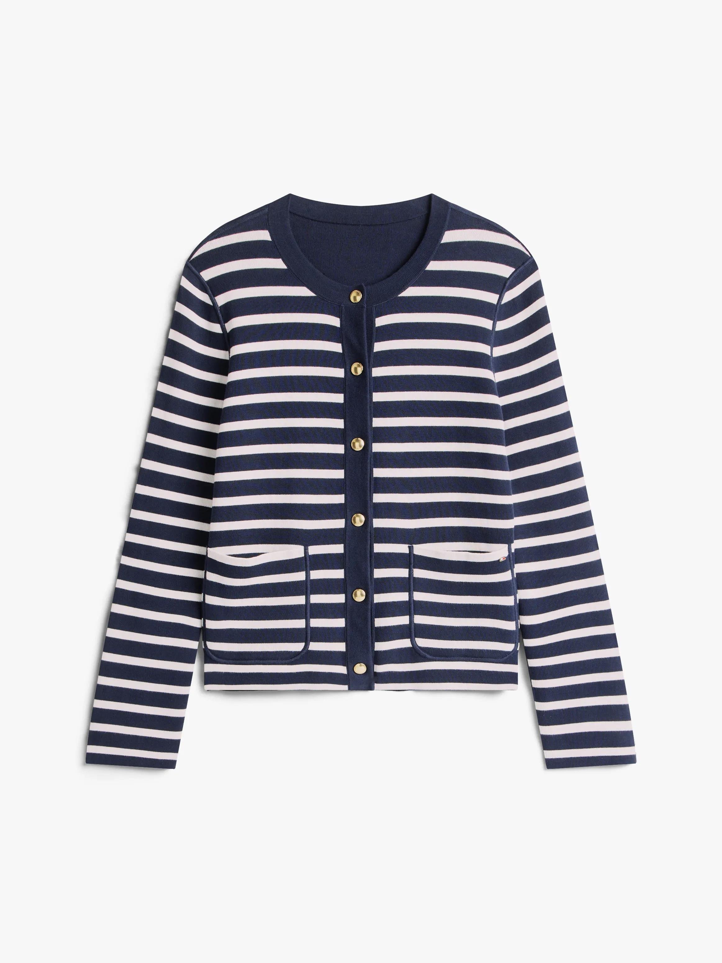 Tommy Hilfiger Tommy Hilfiger Kadın Çift Taraflı Organik Pamuklu Cep Detaylı Gold Düğmeli Uzun Kollu Mavi Kazak WW0WW40846-0X4