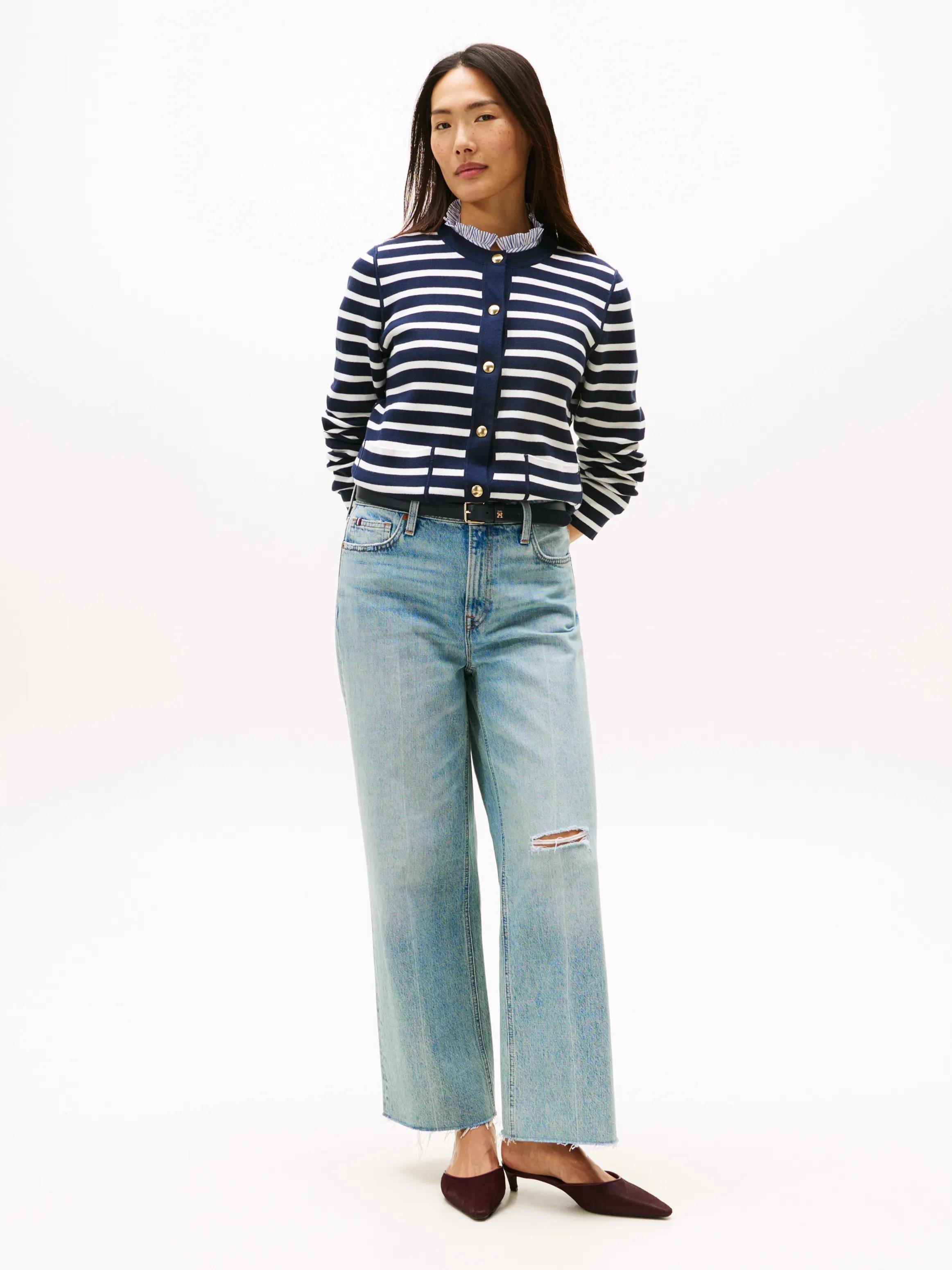 Tommy Hilfiger Tommy Hilfiger Kadın Çift Taraflı Organik Pamuklu Cep Detaylı Gold Düğmeli Uzun Kollu Mavi Kazak WW0WW40846-0X4