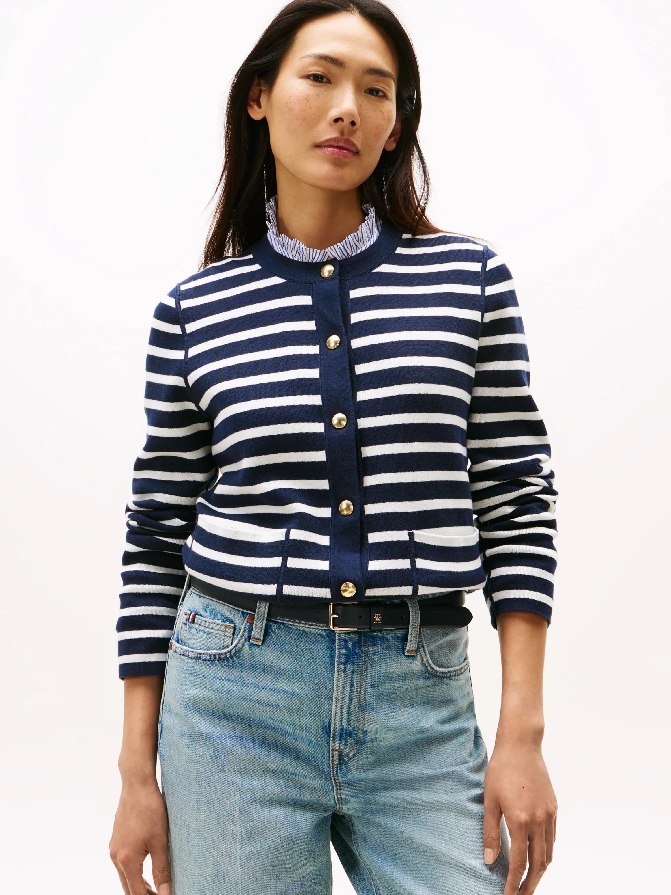 Tommy Hilfiger Tommy Hilfiger Kadın Çift Taraflı Organik Pamuklu Cep Detaylı Gold Düğmeli Uzun Kollu Mavi Kazak WW0WW40846-0X4