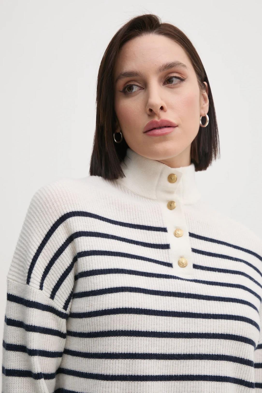 TOMMY HILFIGER Tommy Hilfiger Kadın Düğme Kapamalı Dik Yaka Regular Fit Çizgili Yün Beyaz Kazak WW0WW44981-0FF