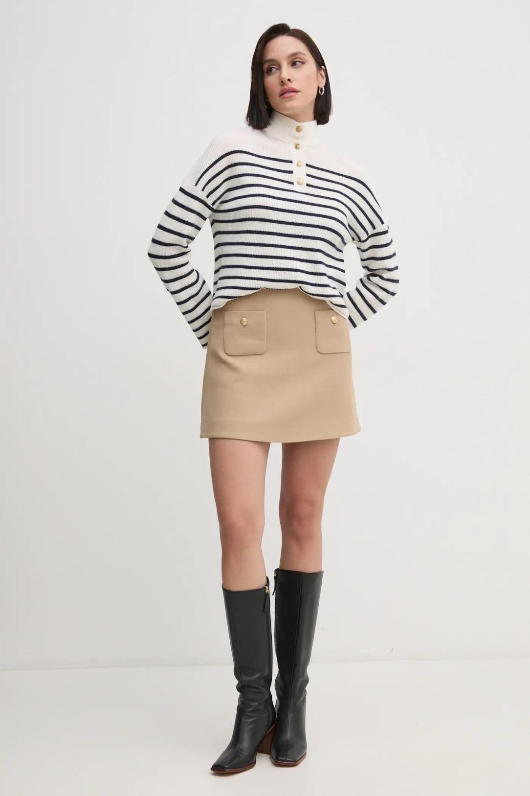 TOMMY HILFIGER Tommy Hilfiger Kadın Düğme Kapamalı Dik Yaka Regular Fit Çizgili Yün Beyaz Kazak WW0WW44981-0FF