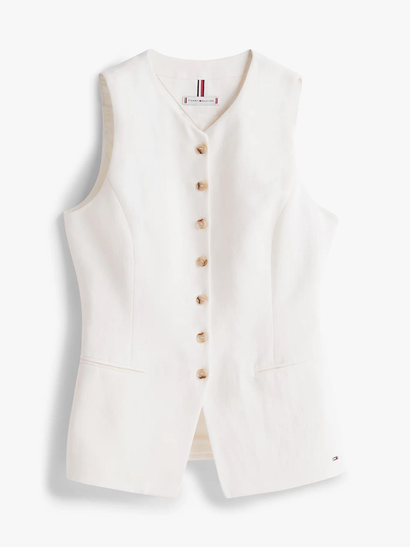 TOMMY HILFIGER Tommy Hilfiger Kadın Gold Düğme Kapama Kolsuz Dokuma Kumaş Kırık Beyaz Ceket WW0WW44752-Z00