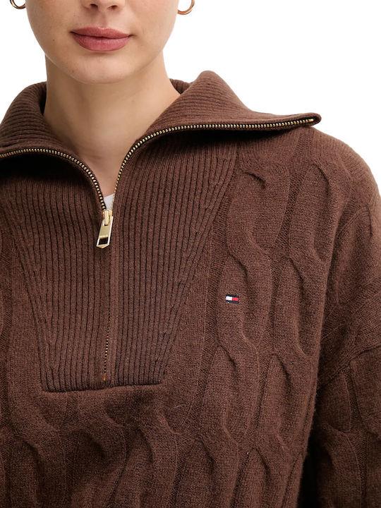 Tommy Hilfiger Tommy Hilfiger Kadın Kapitone Desenli Yarım Fermuarlı Yumuşak Yünlü Örgü Kahverengi Kazak WW0WW46425-GV0