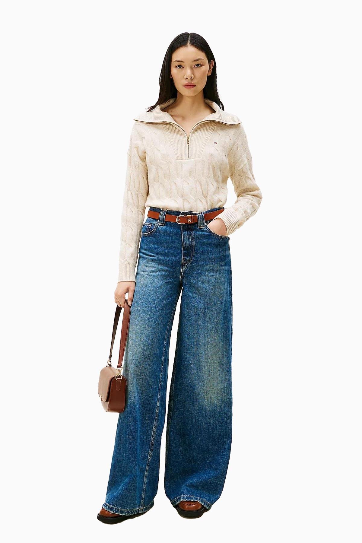 Tommy Hilfiger Tommy Hilfiger Kadın Kapitone Desenli Yarım Fermuarlı Yumuşak Yünlü Örgü Bej Kazak WW0WW46425-ADK