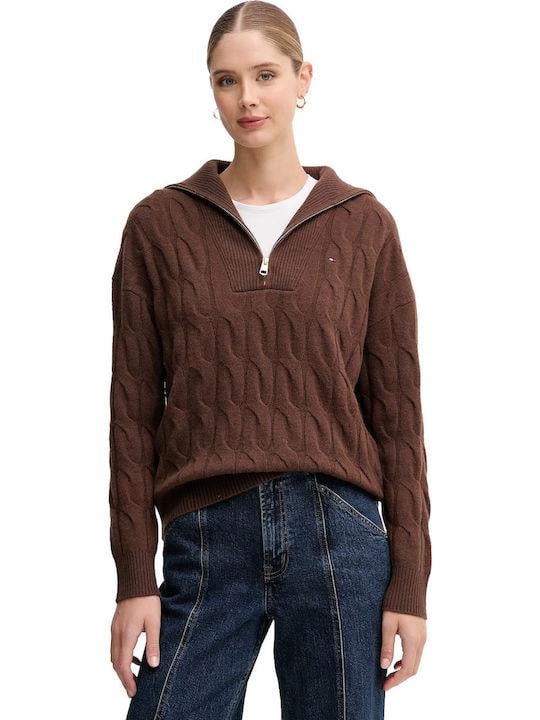 Tommy Hilfiger Tommy Hilfiger Kadın Kapitone Desenli Yarım Fermuarlı Yumuşak Yünlü Örgü Kahverengi Kazak WW0WW46425-GV0