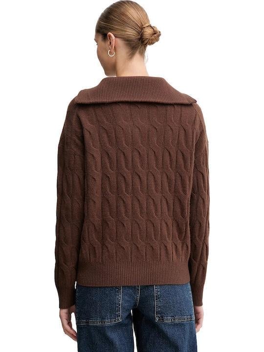 Tommy Hilfiger Tommy Hilfiger Kadın Kapitone Desenli Yarım Fermuarlı Yumuşak Yünlü Örgü Kahverengi Kazak WW0WW46425-GV0