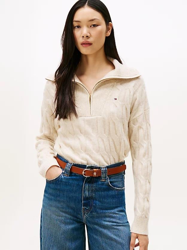 Tommy Hilfiger Tommy Hilfiger Kadın Kapitone Desenli Yarım Fermuarlı Yumuşak Yünlü Örgü Bej Kazak WW0WW46425-ADK