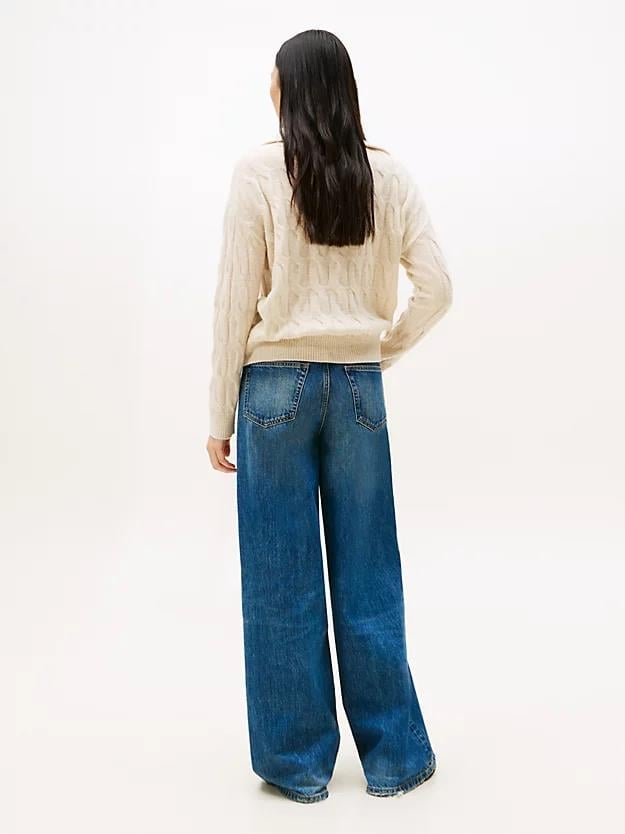 Tommy Hilfiger Tommy Hilfiger Kadın Kapitone Desenli Yarım Fermuarlı Yumuşak Yünlü Örgü Bej Kazak WW0WW46425-ADK