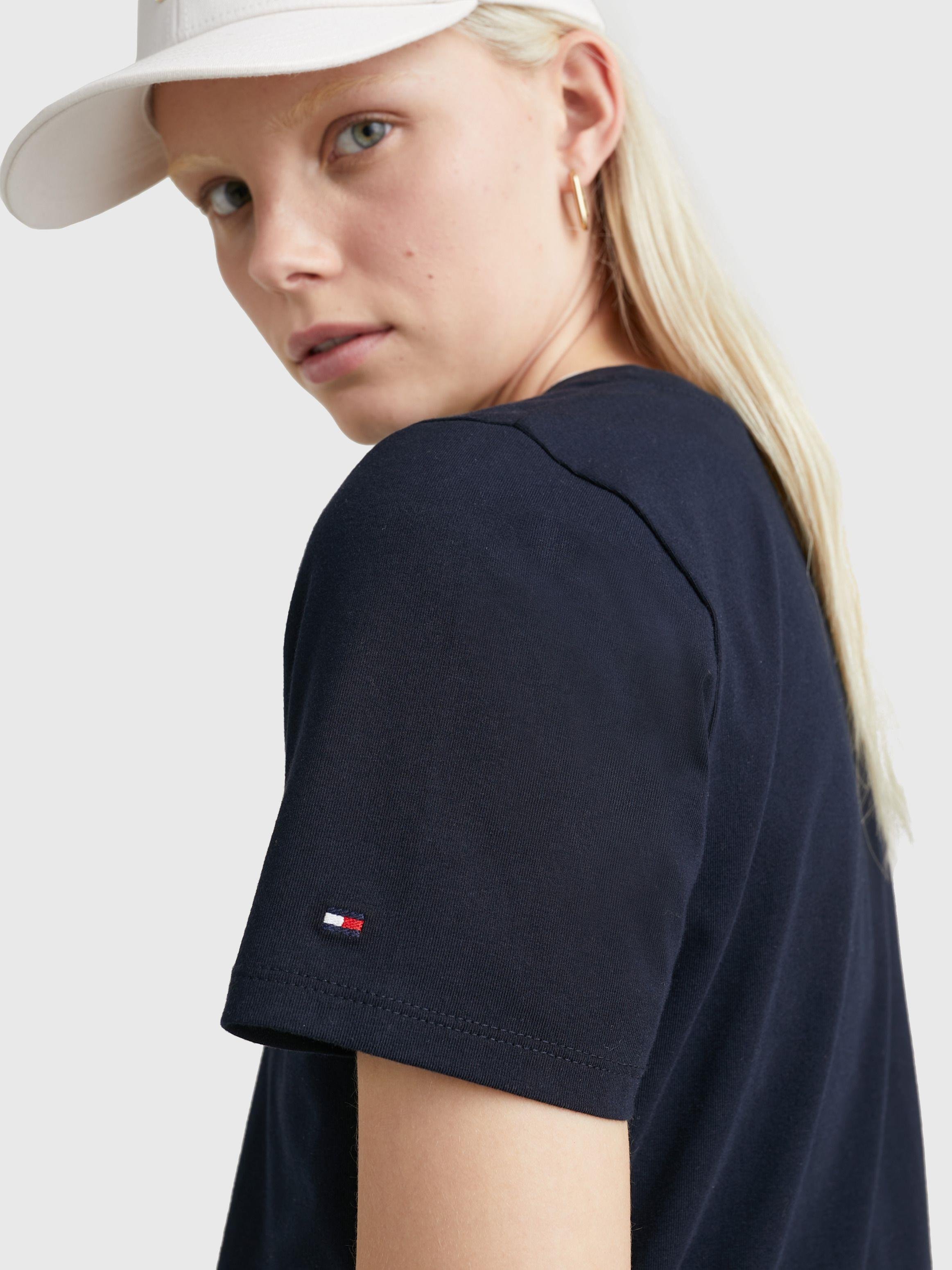 Tommy Hilfiger Tommy Hilfiger Kadın Pamuklu Yuvarlak Yaka Marka Logolu Lacivert T-Shirt WW0WW37877-DW5
