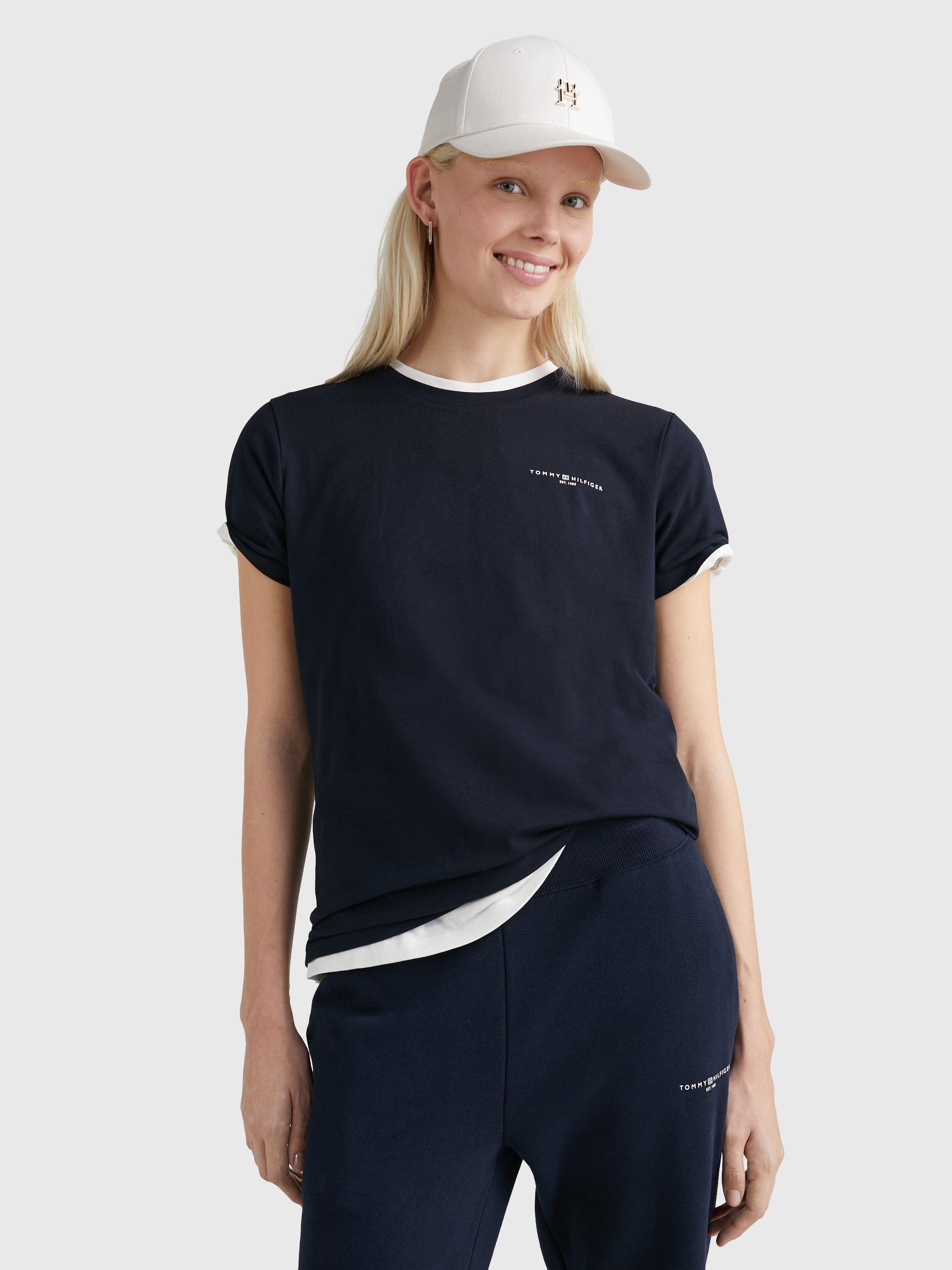 Tommy Hilfiger Tommy Hilfiger Kadın Pamuklu Yuvarlak Yaka Marka Logolu Lacivert T-Shirt WW0WW37877-DW5