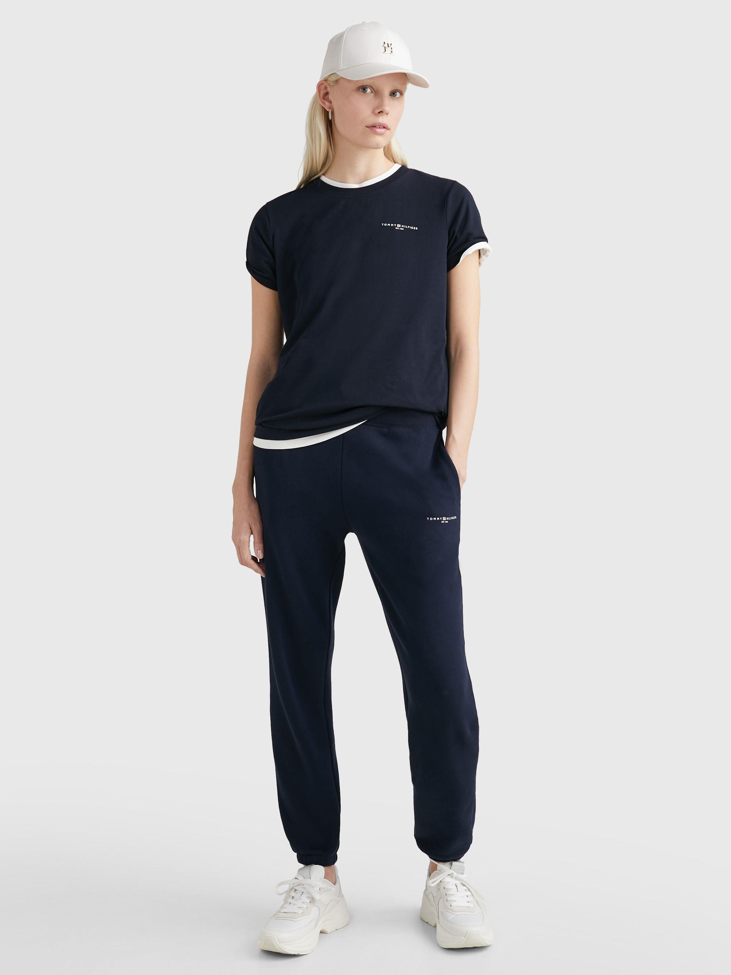 Tommy Hilfiger Tommy Hilfiger Kadın Pamuklu Yuvarlak Yaka Marka Logolu Lacivert T-Shirt WW0WW37877-DW5