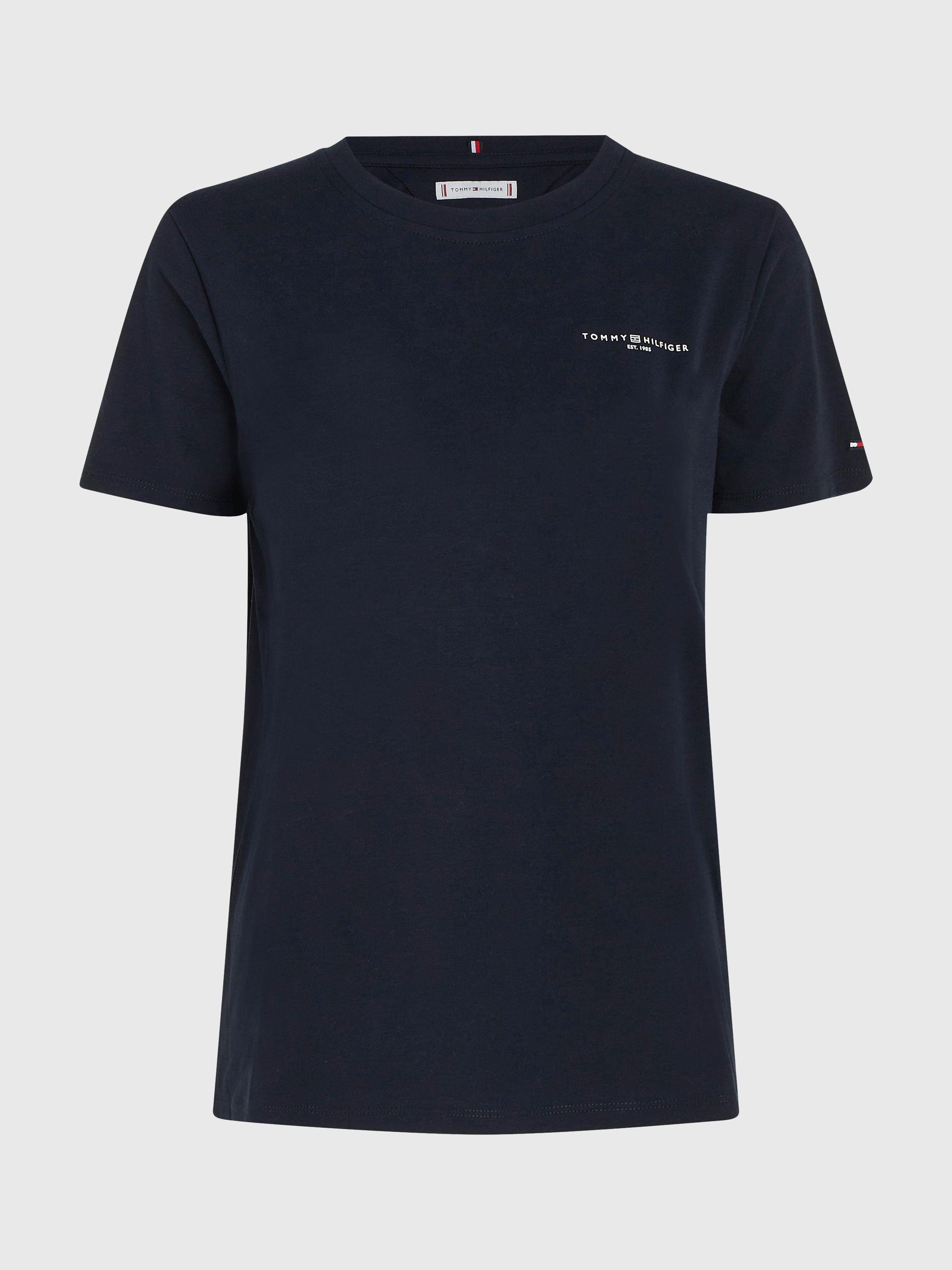 Tommy Hilfiger Tommy Hilfiger Kadın Pamuklu Yuvarlak Yaka Marka Logolu Lacivert T-Shirt WW0WW37877-DW5