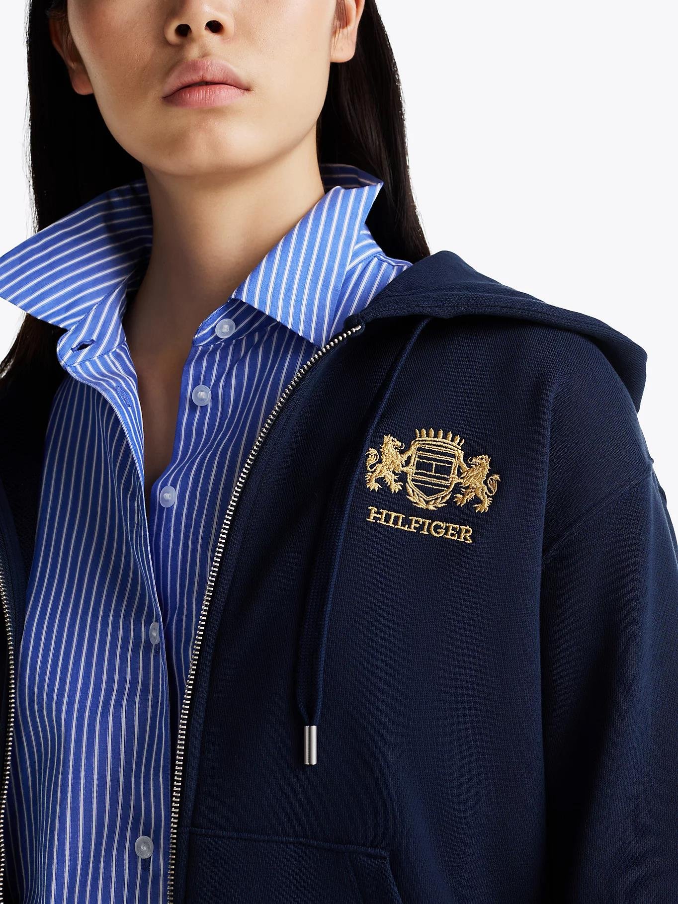 Tommy Hilfiger Tommy Hilfiger Kadın Pamuklu Logo Nakışlı Fermuarlı Kapüşonlu Lacivert Sweatshirt WW0WW43850-C1G