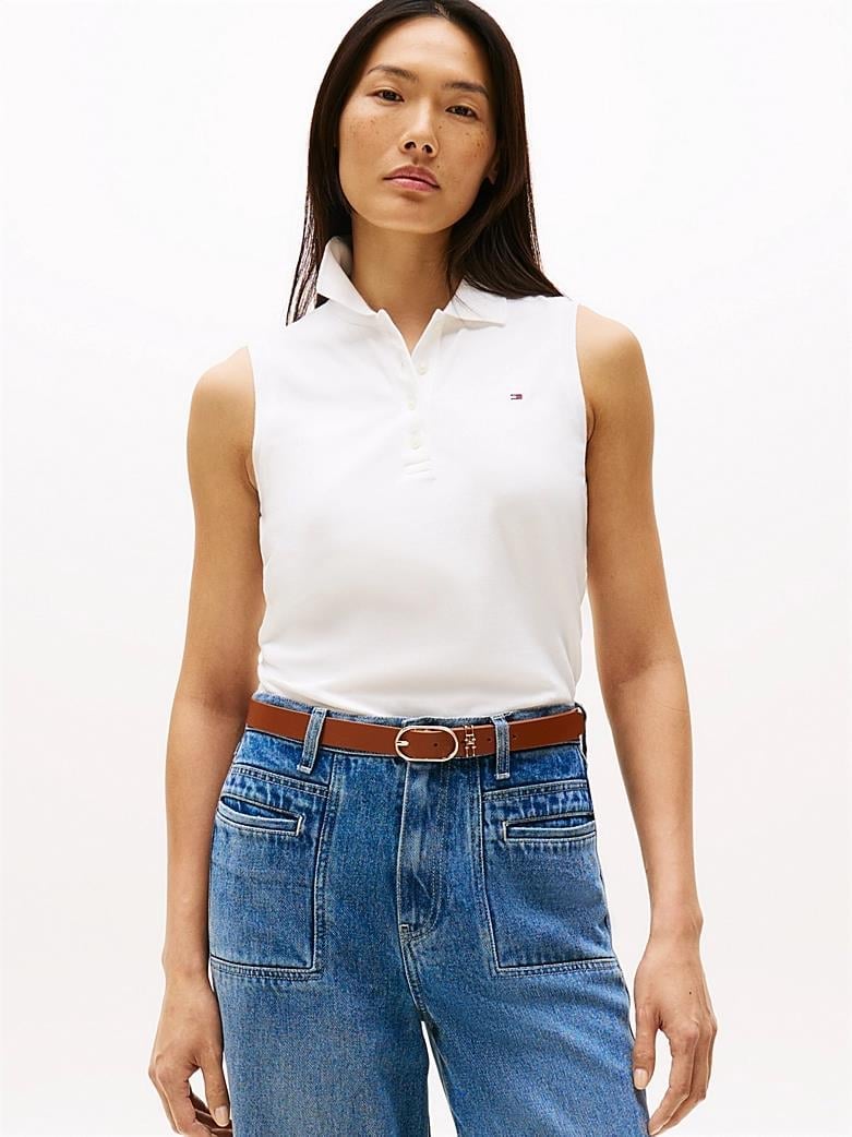 TOMMY HILFIGER Tommy Hilfiger Kadın Polo Yaka Düğme Kapama Sıfır Kol Beyaz Polo Yaka T-Shirt WW0WW46790-YBL