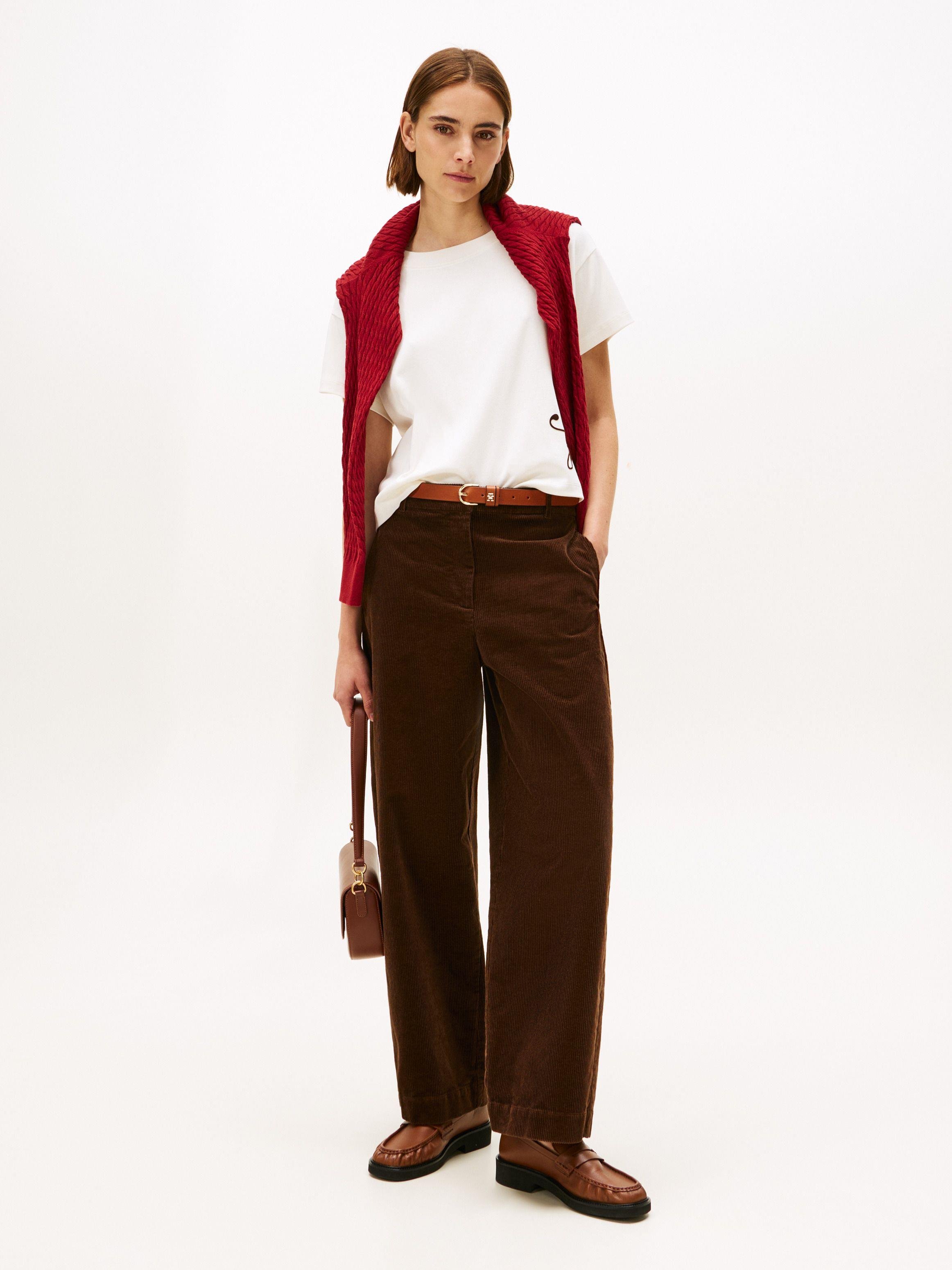 Tommy Hilfiger Tommy Hilfiger Kadın Rahat Kalıp Yuvarlak Yakalı TH Logo İşleme Detaylı Kısa Kollu Beyaz T-Shirt WW0WW47314-YA8