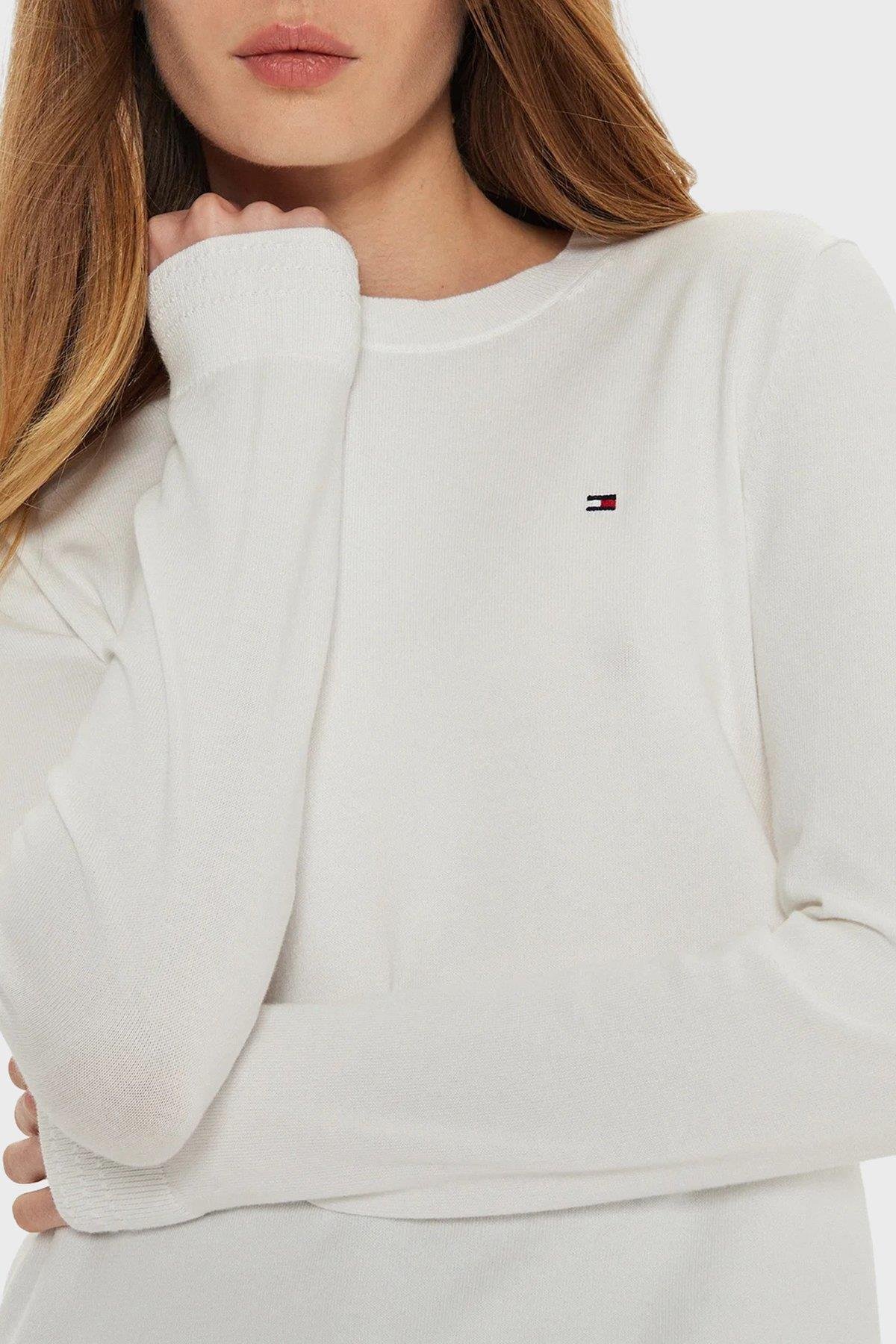 Tommy Hilfiger Tommy Hilfiger Kadın Regular Fit Ribanalı Yuvarlak Yaka Uzun Kollu Esnek Örme Ekru Kazak WW0WW44984-Z00