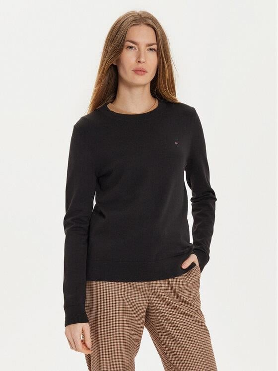 Tommy Hilfiger Tommy Hilfiger Kadın Regular Fit Ribanalı Yuvarlak Yaka Uzun Kollu Esnek Örme Siyah Kazak WW0WW44984-BDS